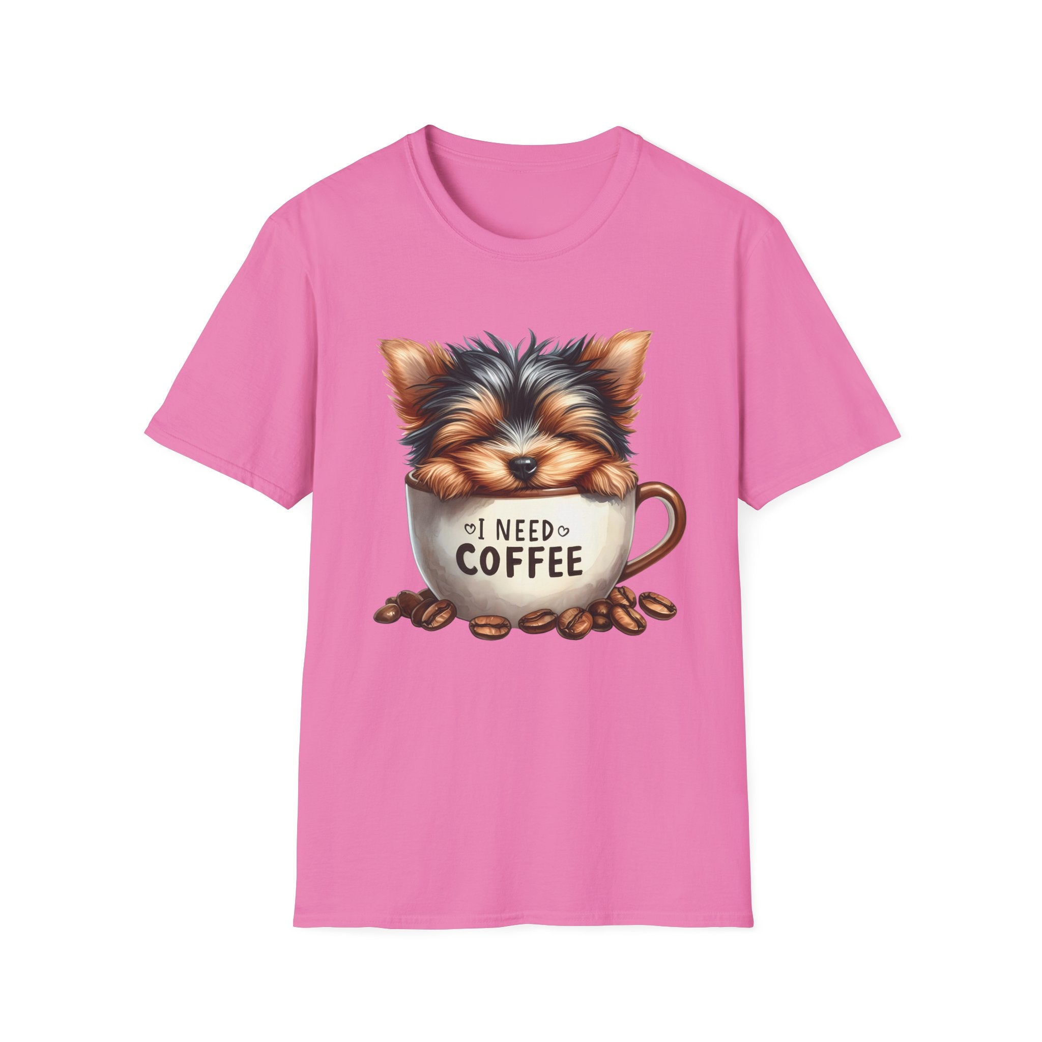 Cute Yorkie in Coffee Cup T-Shirt | I Need Coffee Puppy Graphic Tee