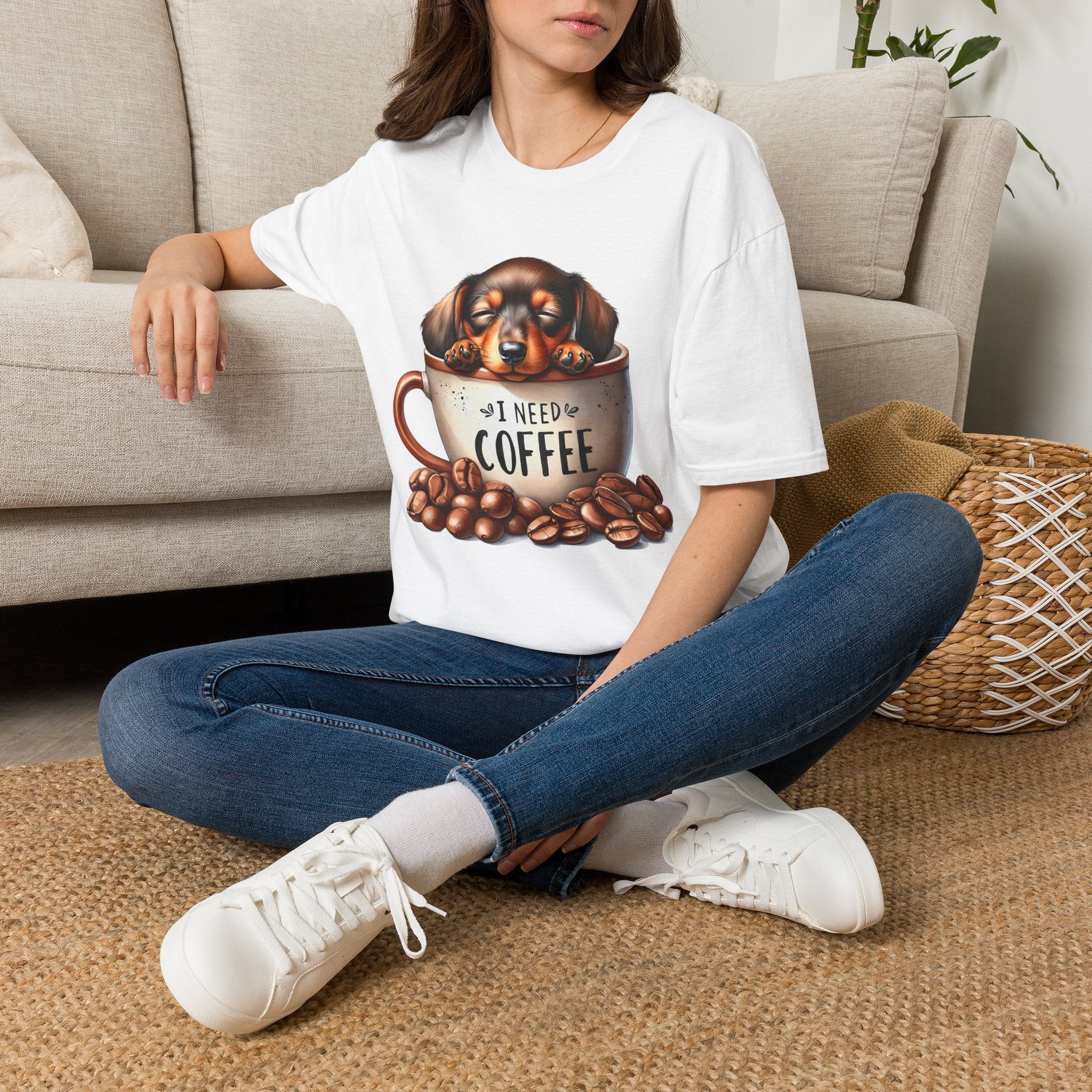 Sleepy Dachshund in Coffee Cup T-Shirt | I Need Coffee, Coffee Beans