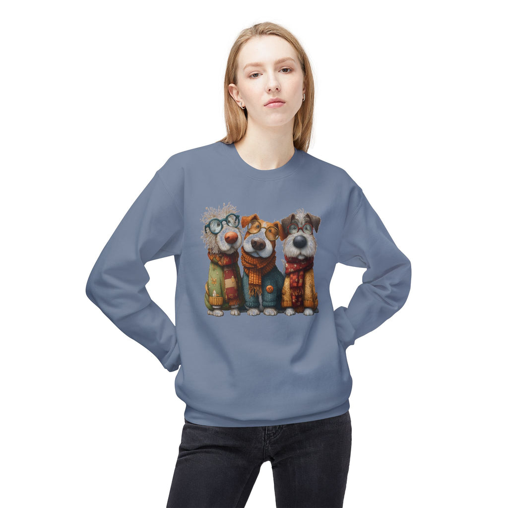 Three Cartoon Dogs in Scarves Sweatshirt | Cute Winter Pup Trio