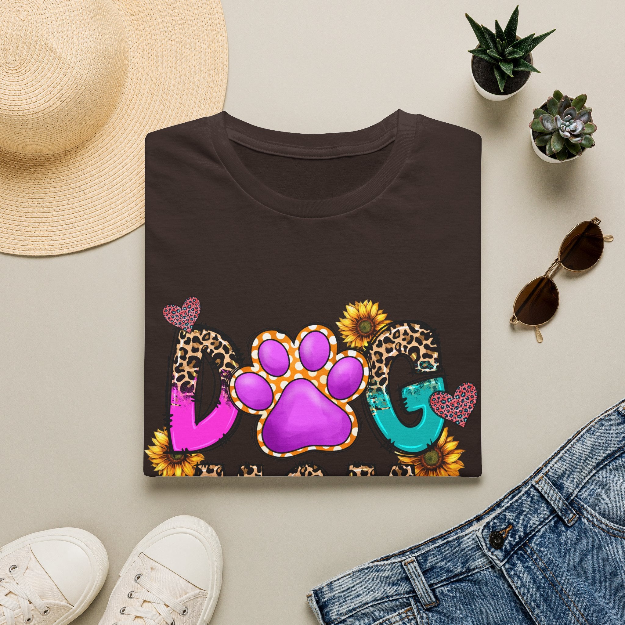 Dog Mom colorful paw print design T-Shirt | leopard hearts sunflower accents
