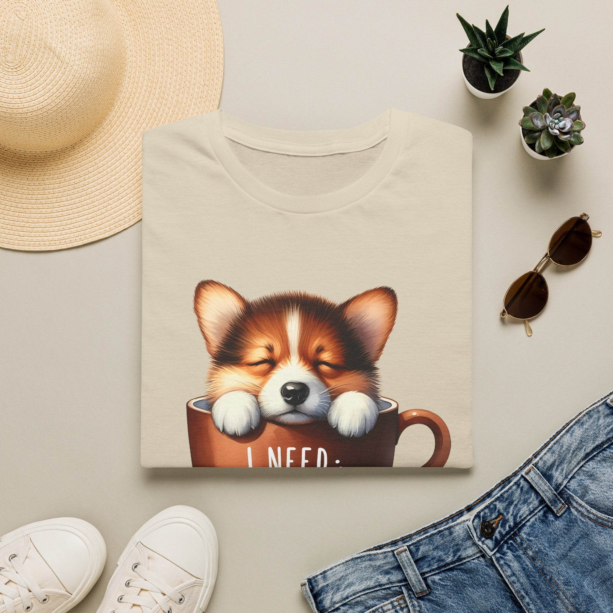 Sleeping Puppy in Coffee Cup T-Shirt | I Need Coffee, Cute Corgi Mug