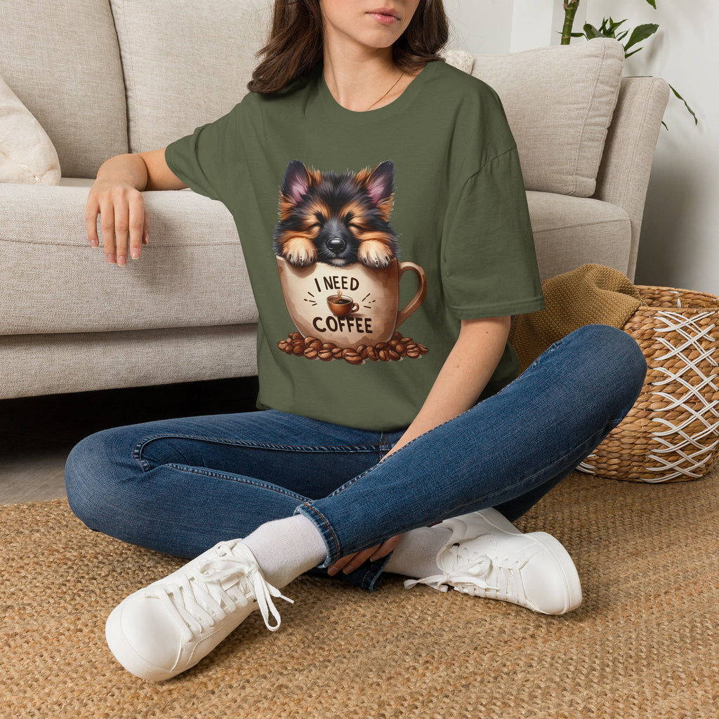 German Shepherd Puppy I Need Coffee T-Shirt | Cute Dog Coffee Design