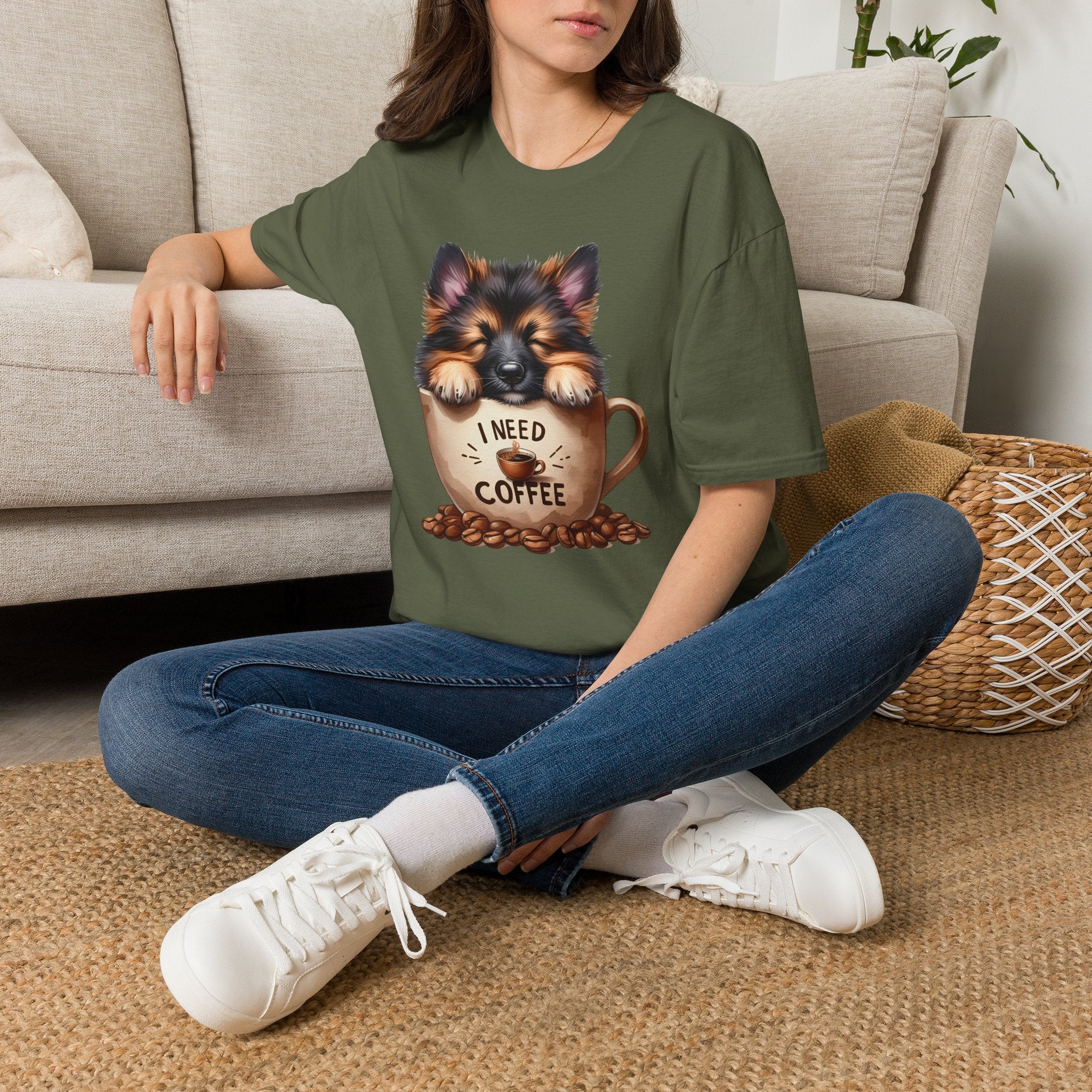 German Shepherd Puppy I Need Coffee T-Shirt | Cute Dog Coffee Design