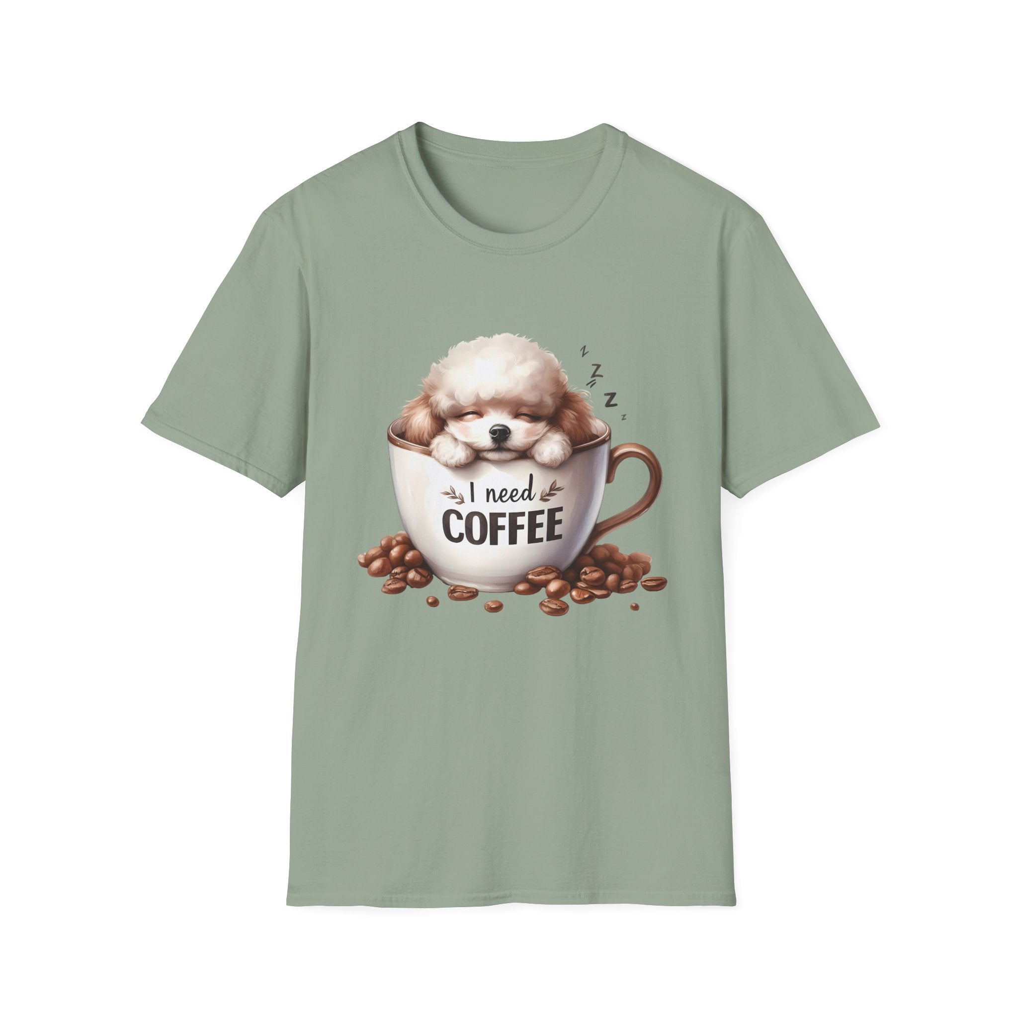 Sleeping Puppy in Coffee Cup T-Shirt | I Need Coffee Dog Design