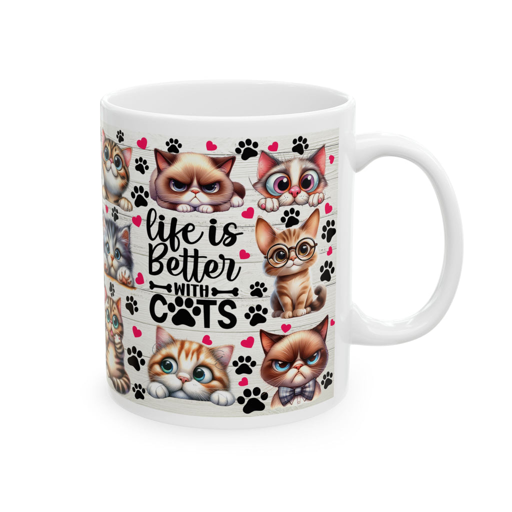 Cute Cartoon Cats Mug | Cute Cat Faces, Paw Prints Pattern Ceramic Mug