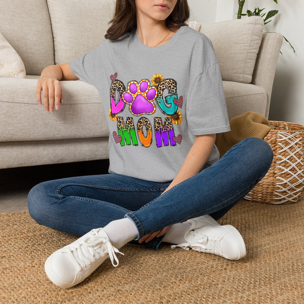 Dog Mom colorful paw print design T-Shirt | leopard hearts sunflower accents