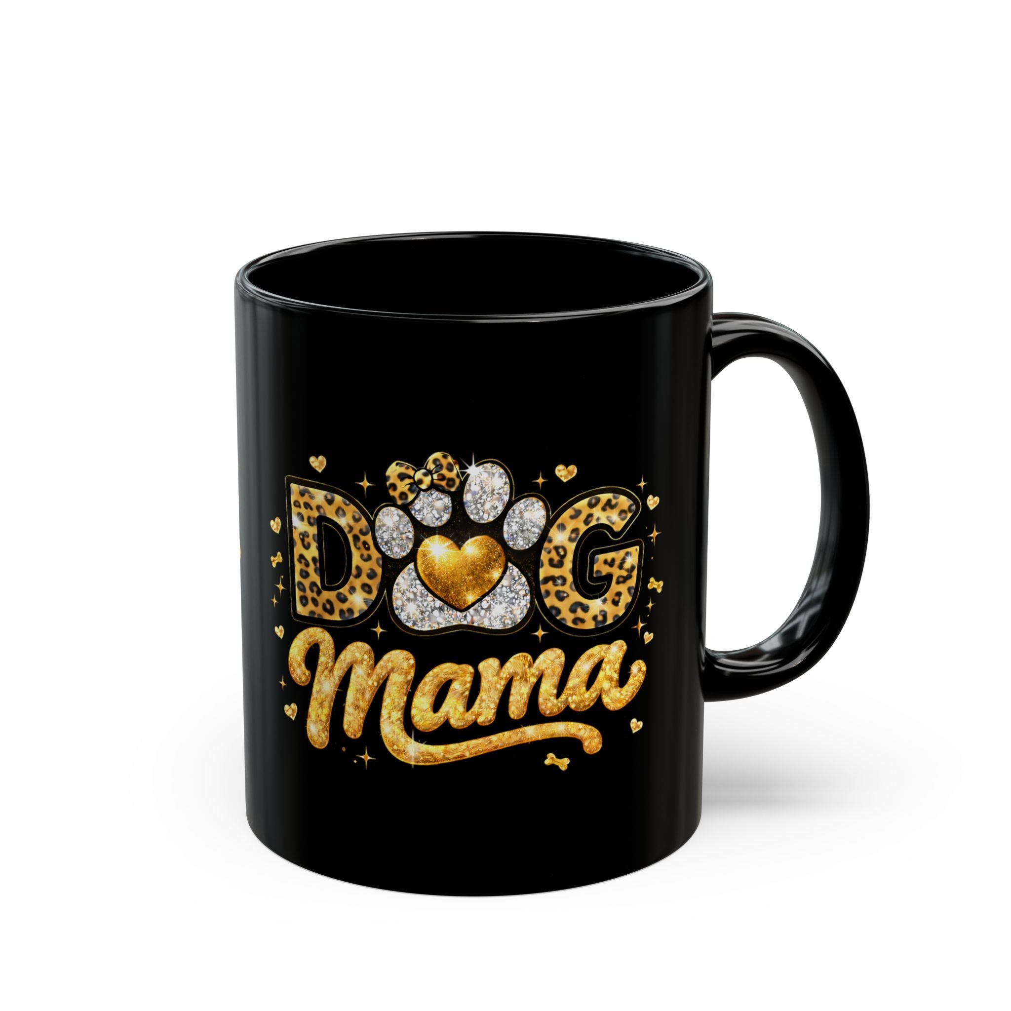Dog Mama Black Mug | Paw Print Leopard Heart Design