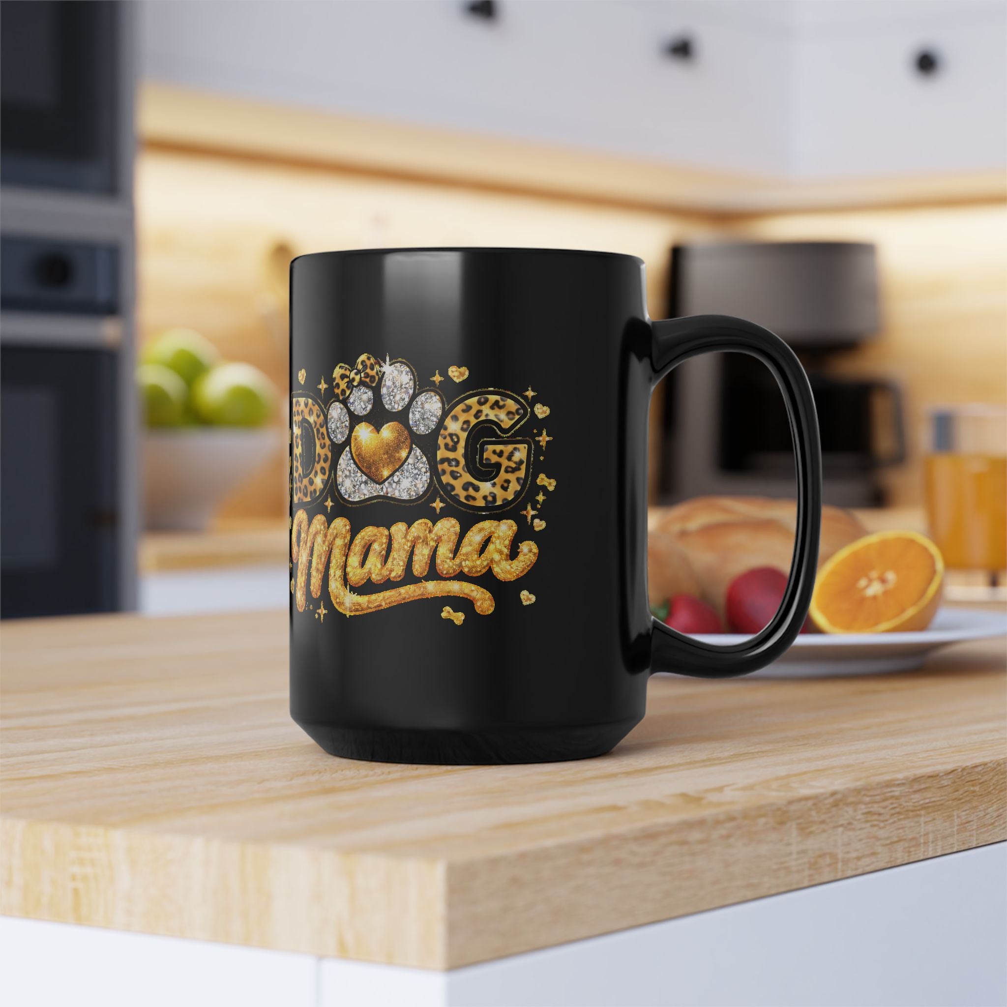 Dog Mama Black Mug | Paw Print Leopard Heart Design