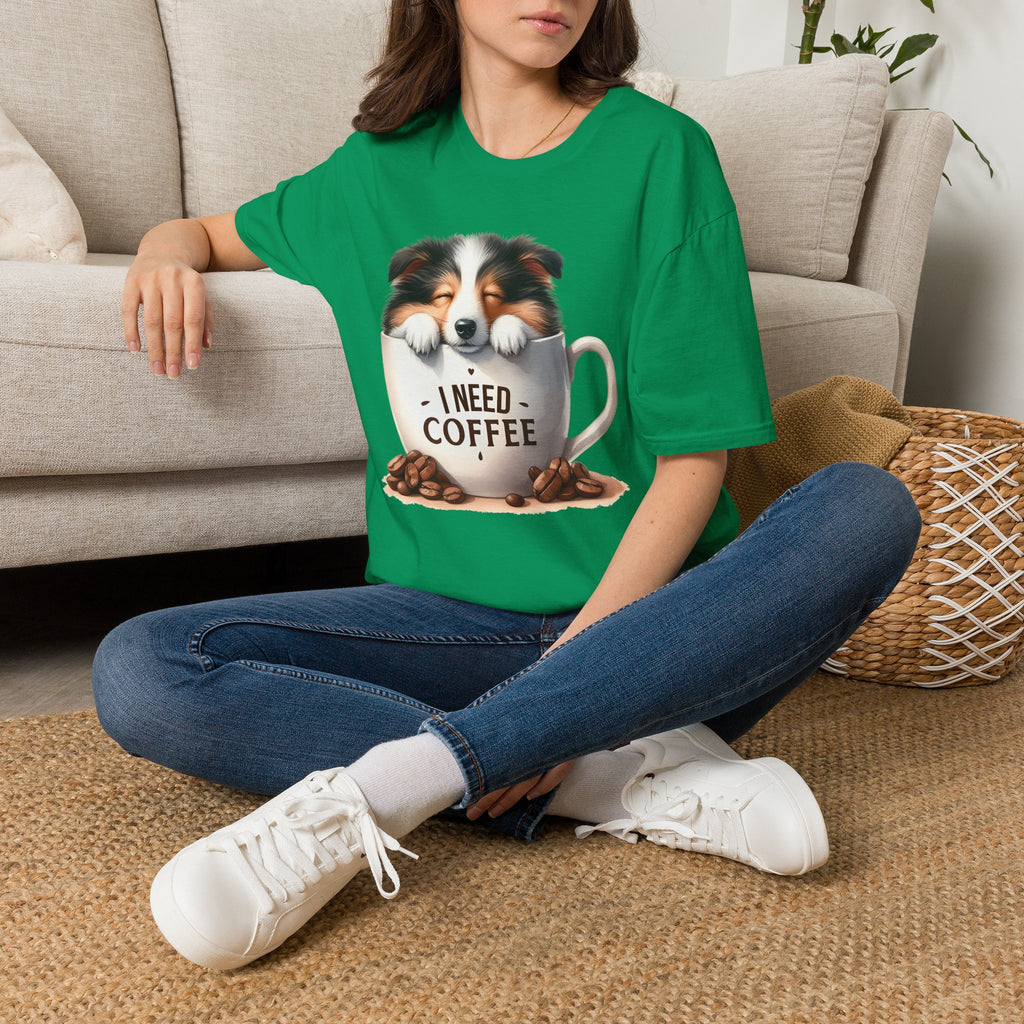 I Need Coffee Dog T-Shirt | Coffee Cup, Shetland Sheepdog Illustration