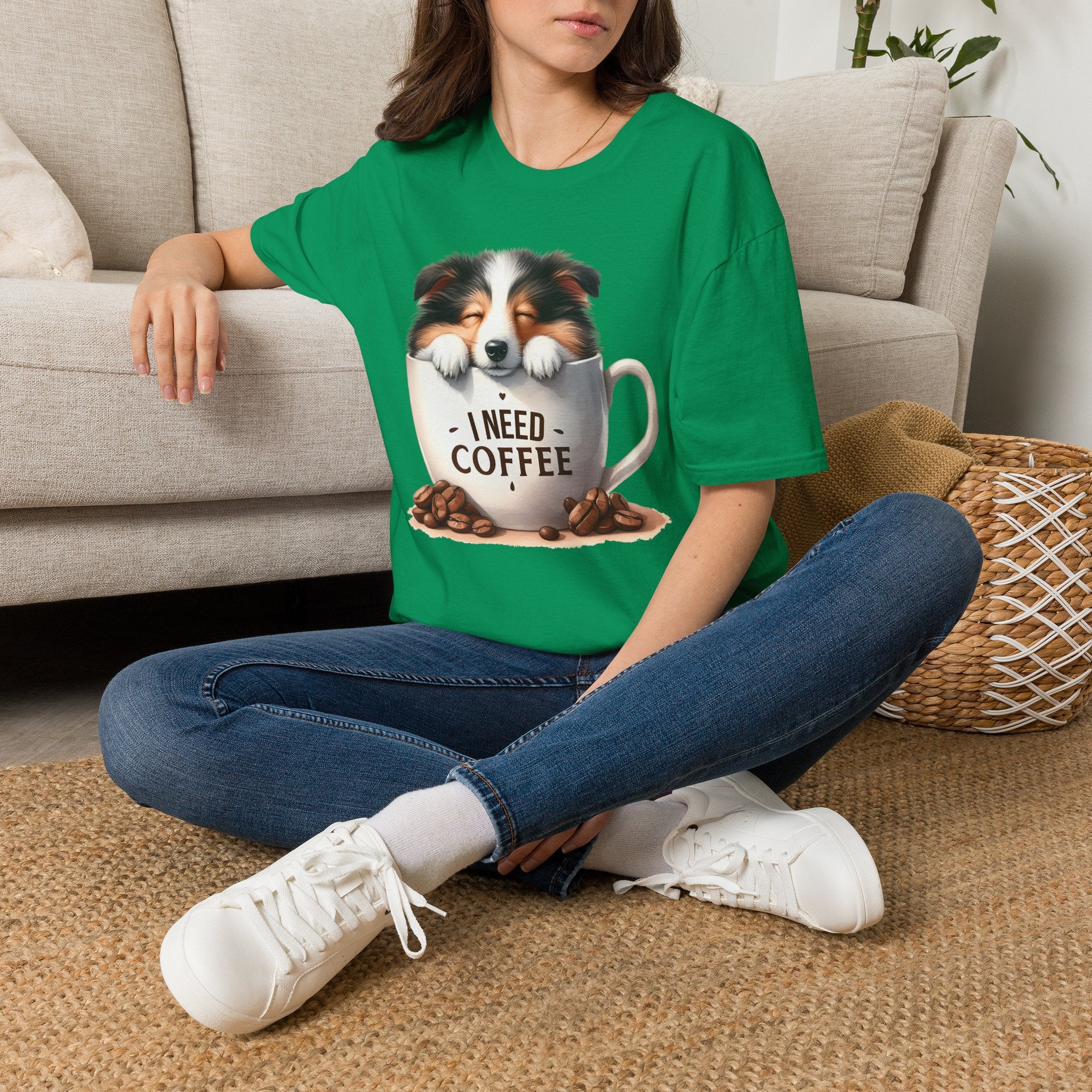I Need Coffee Dog T-Shirt | Coffee Cup, Shetland Sheepdog Illustration