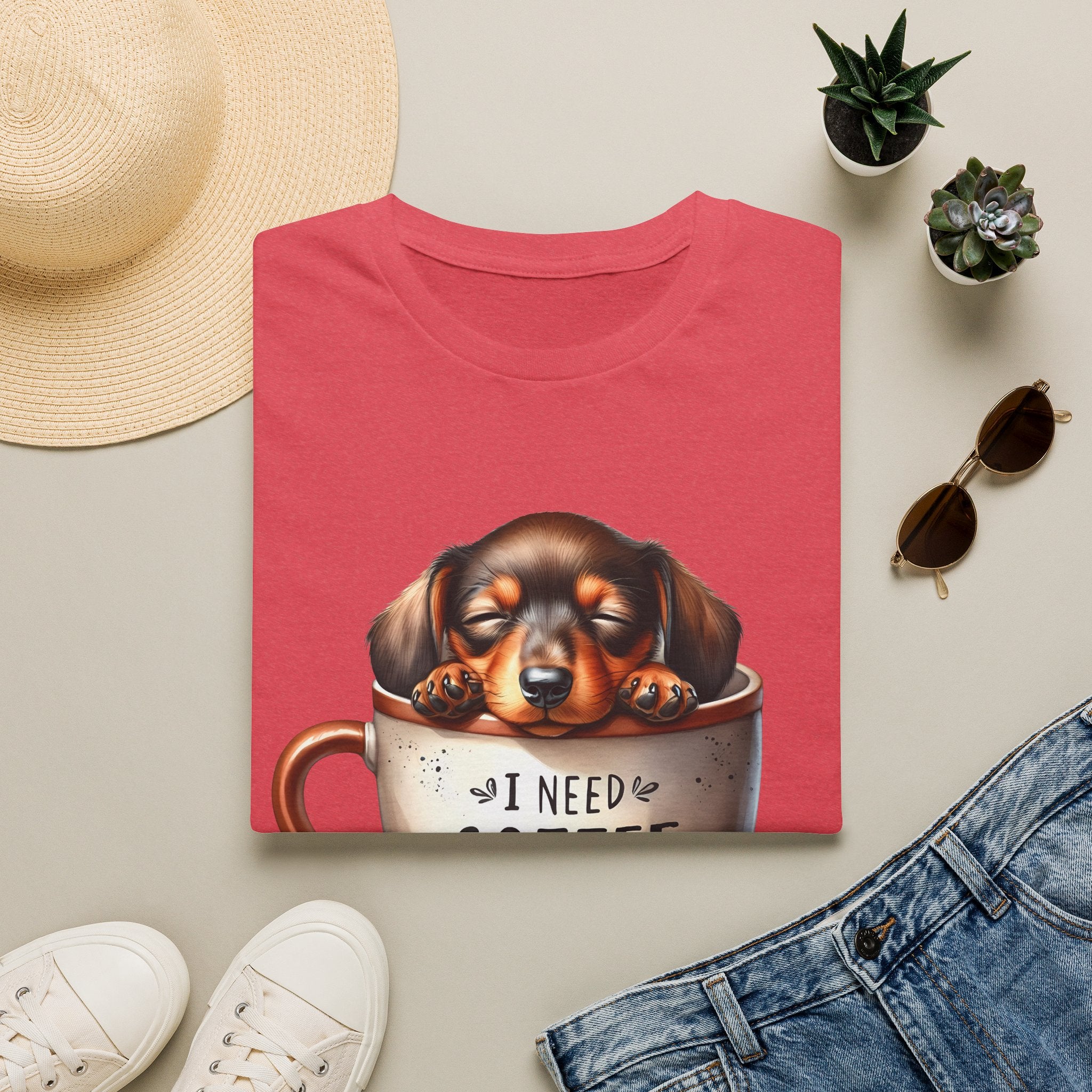 Sleepy Dachshund in Coffee Cup T-Shirt | I Need Coffee, Coffee Beans