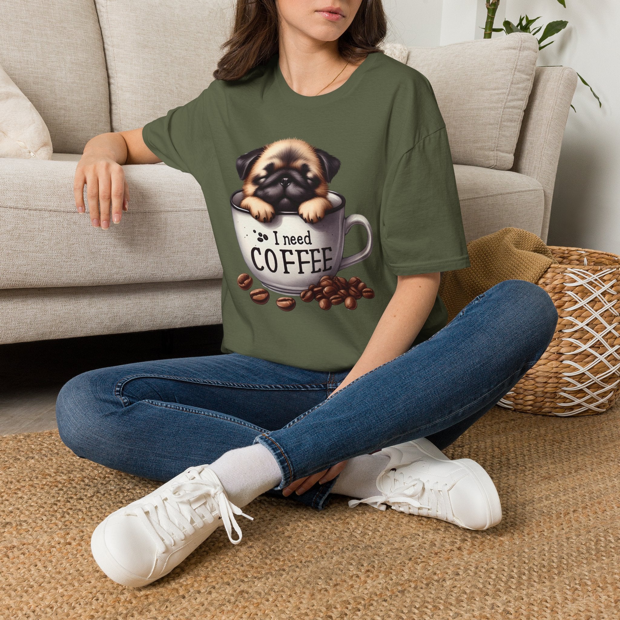 Puppy in Coffee Cup I Need Coffee T-Shirt | Cute Pug Coffee Tee