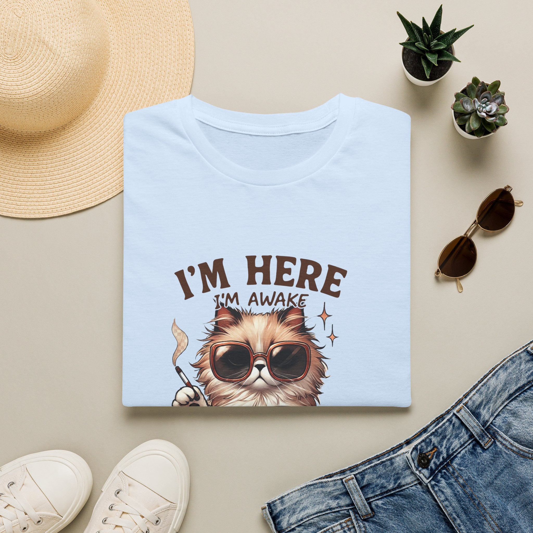 Sunglasses Cat with Coffee I'm Here I'm Awake Don't Push It T-Shirt | Funny Cat Tee