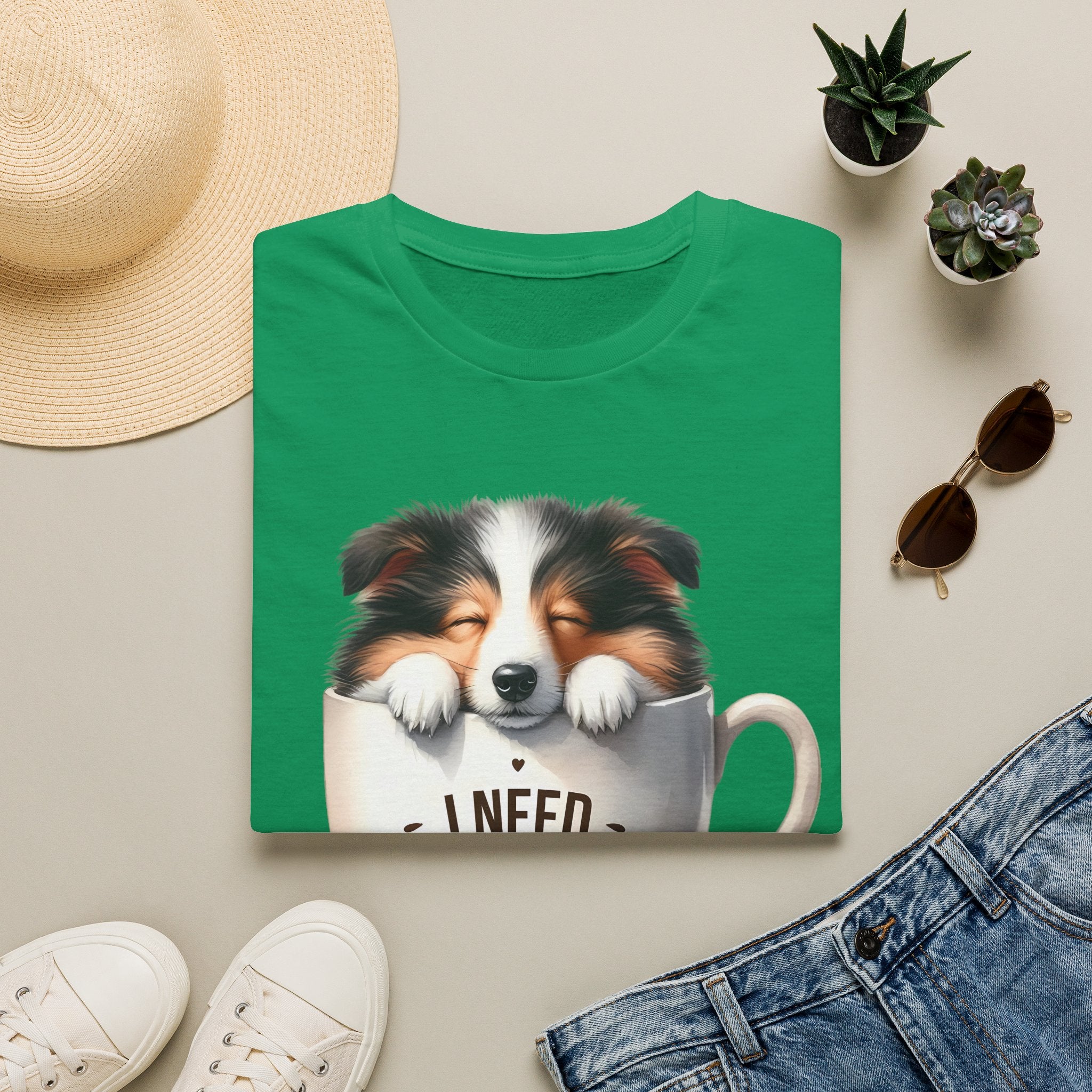 I Need Coffee Dog T-Shirt | Coffee Cup, Shetland Sheepdog Illustration