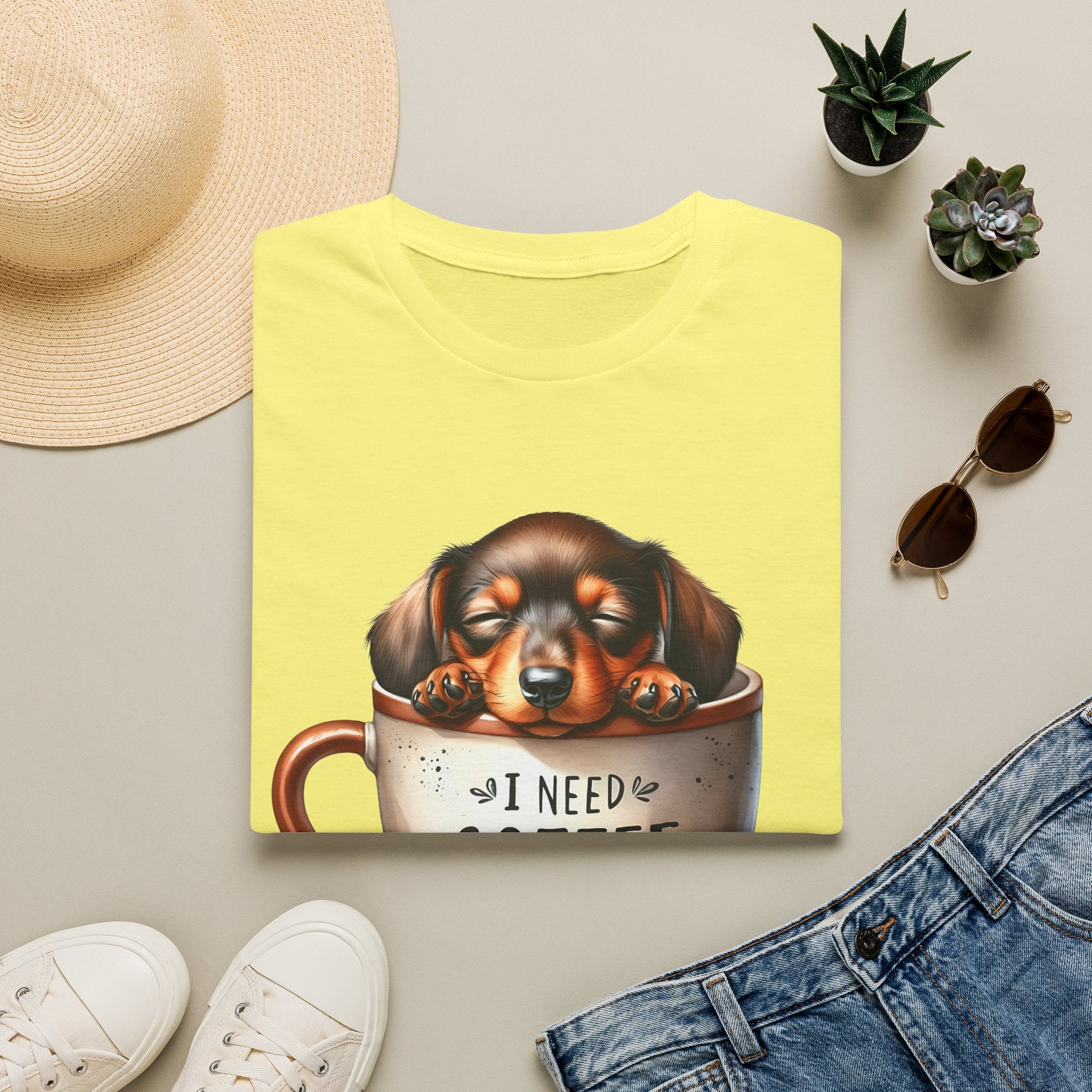 Sleepy Dachshund in Coffee Cup T-Shirt | I Need Coffee, Coffee Beans