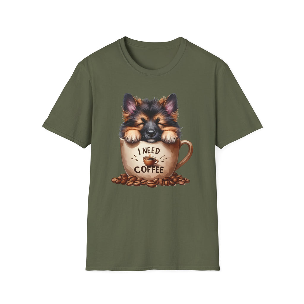 German Shepherd Puppy I Need Coffee T-Shirt | Cute Dog Coffee Design