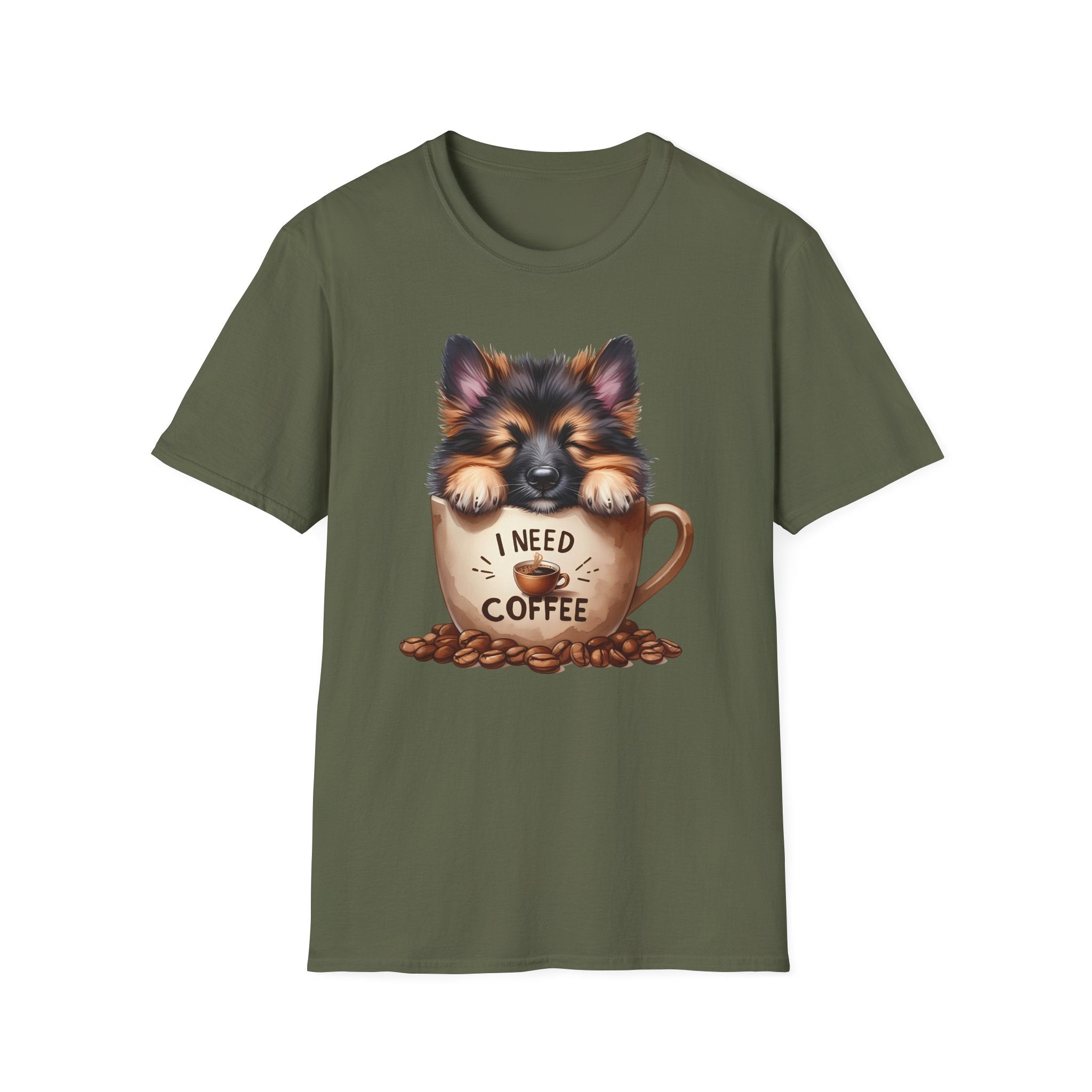 German Shepherd Puppy I Need Coffee T-Shirt | Cute Dog Coffee Design