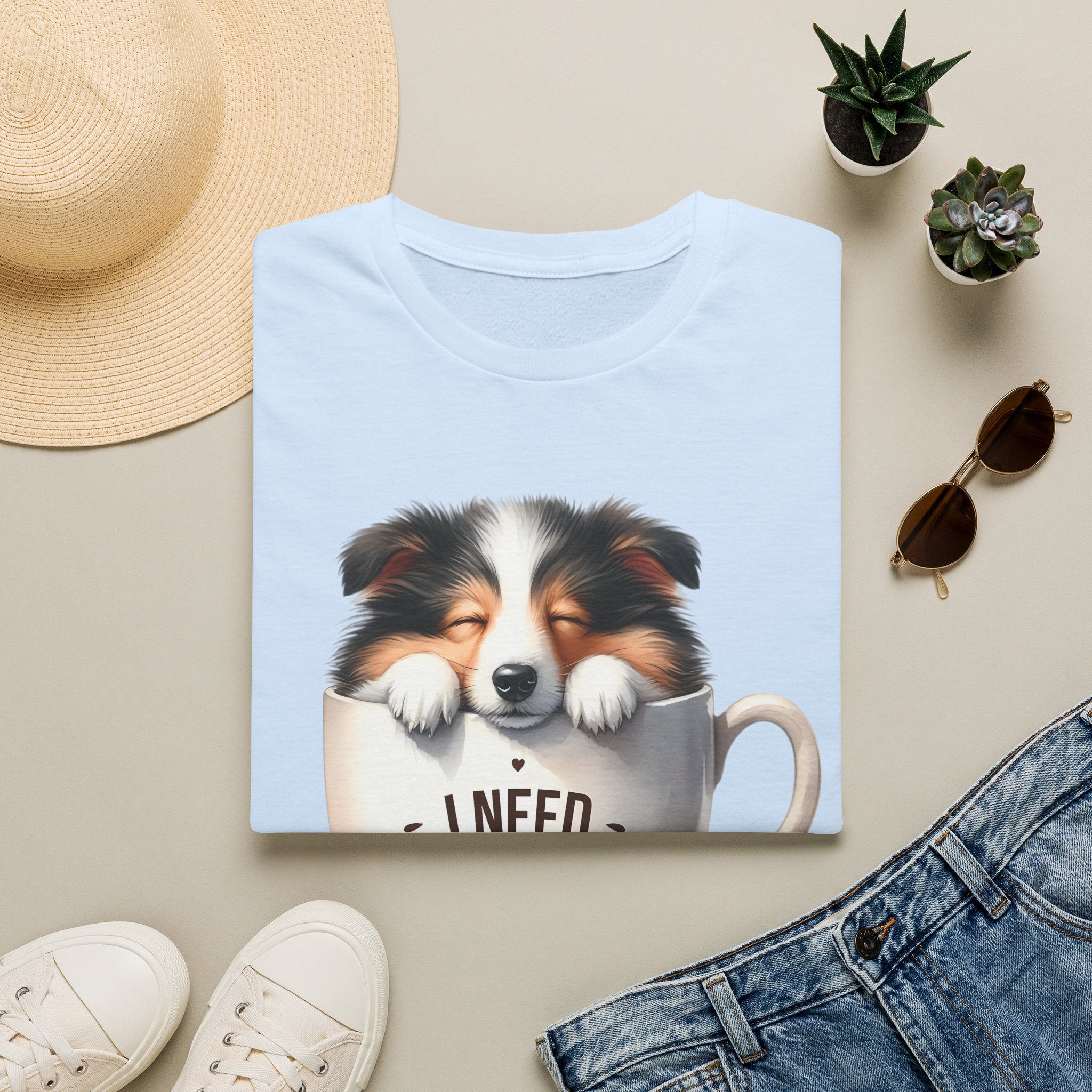 I Need Coffee Dog T-Shirt | Coffee Cup, Shetland Sheepdog Illustration