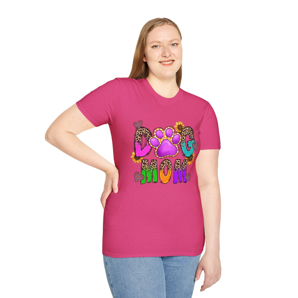 Dog Mom colorful paw print design T-Shirt | leopard hearts sunflower accents