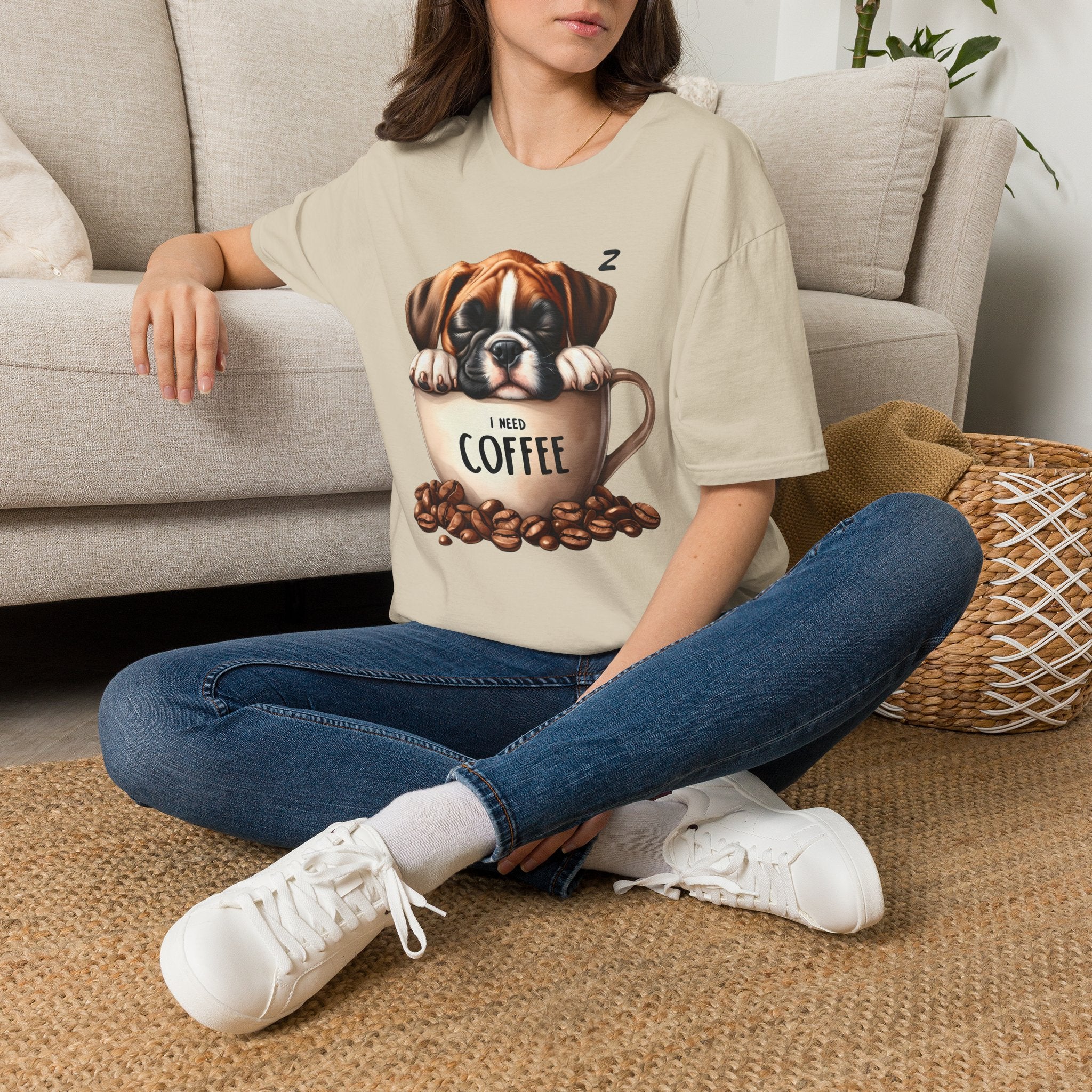 Sleeping Puppy in Coffee Cup T-Shirt | I Need Coffee Design
