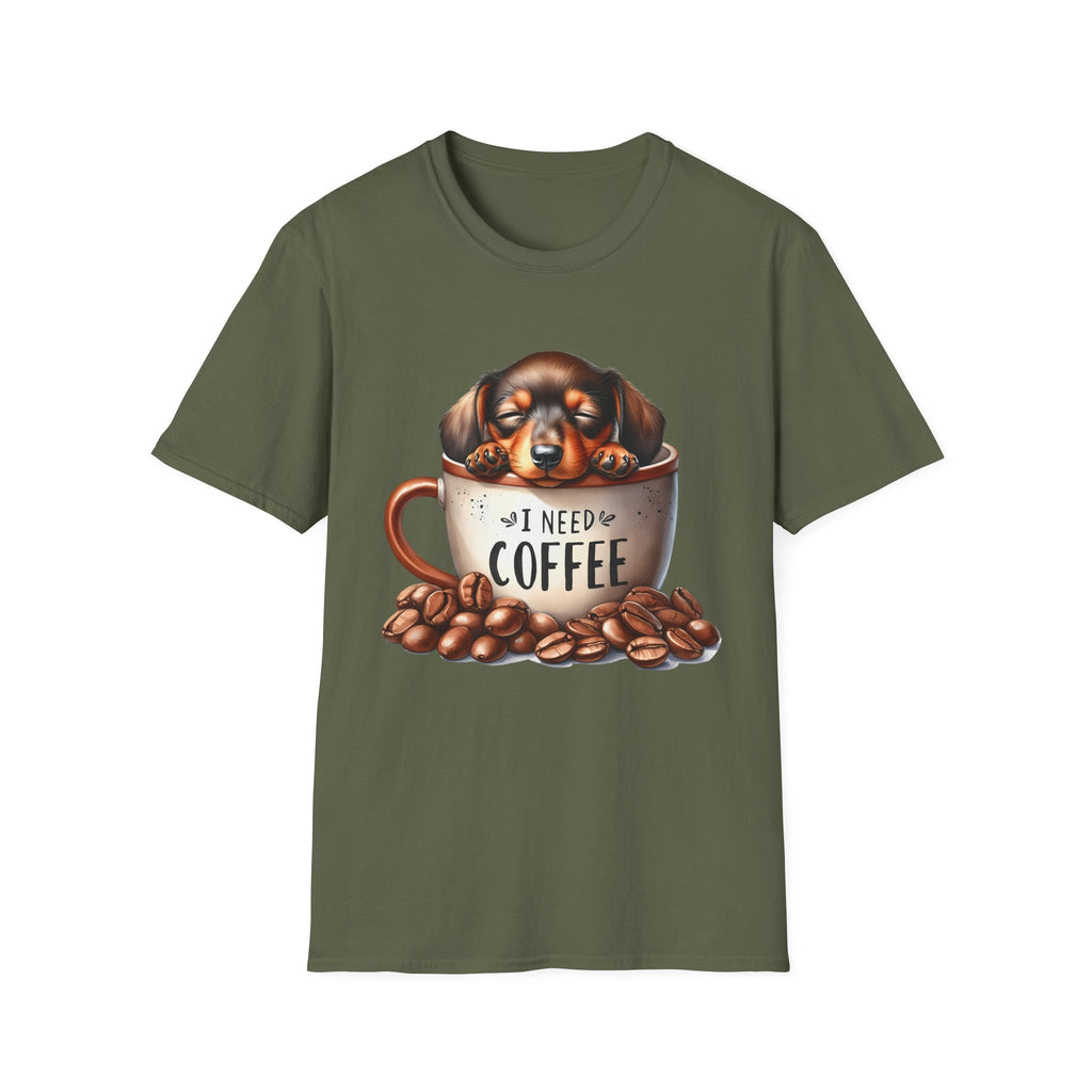 Sleepy Dachshund in Coffee Cup T-Shirt | I Need Coffee, Coffee Beans
