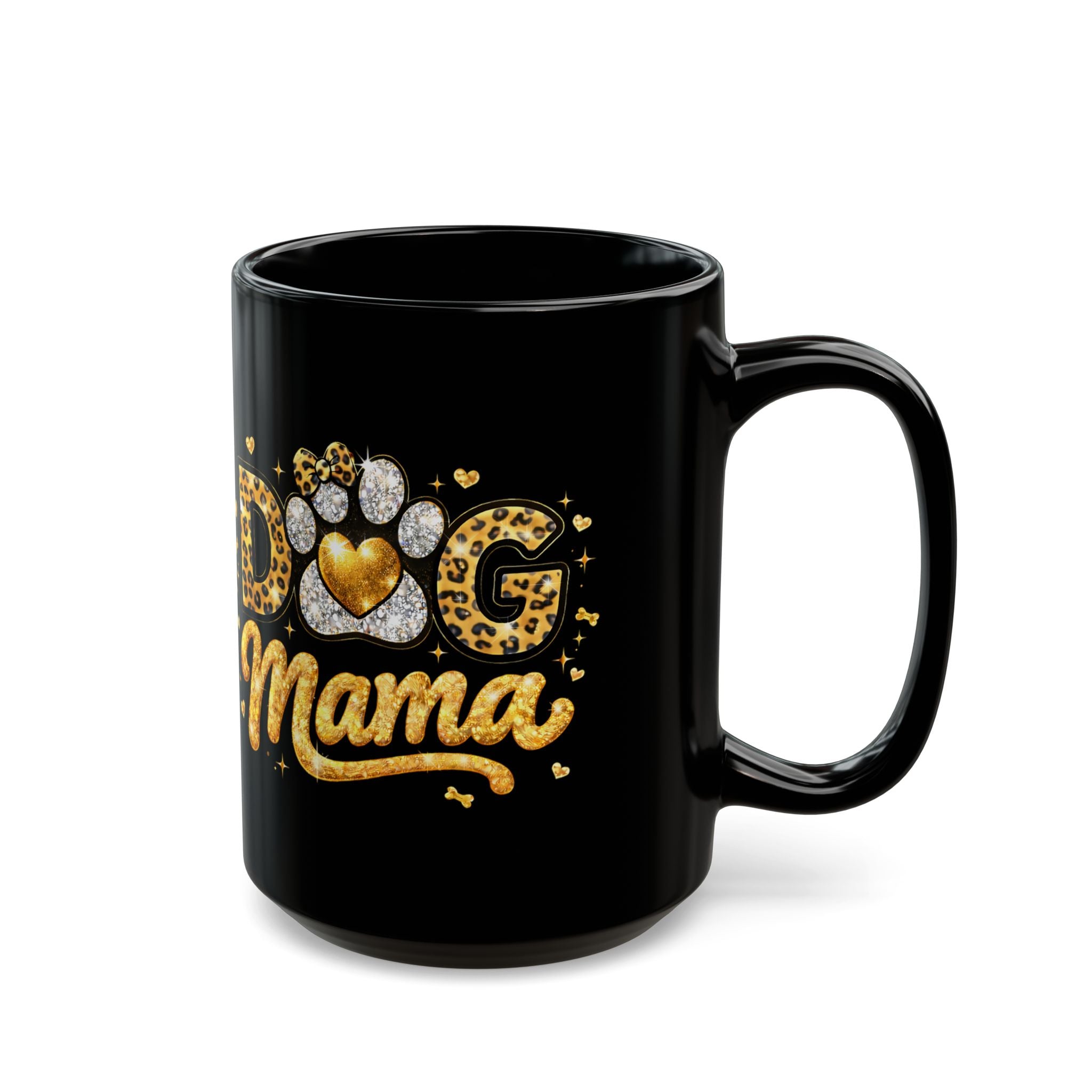 Dog Mama Black Mug | Paw Print Leopard Heart Design