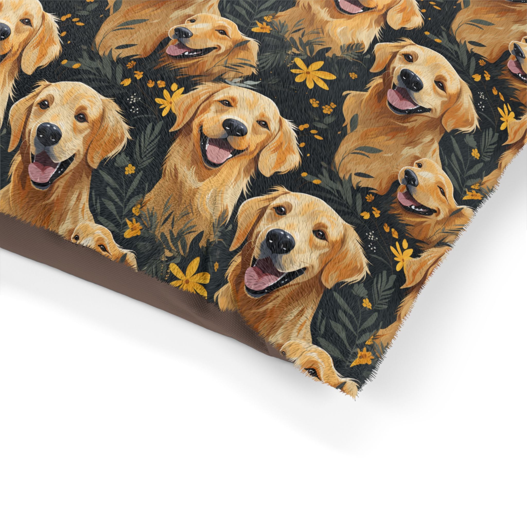 Golden Retriever Pattern Pet Bed | Dog Print, Floral Accents
