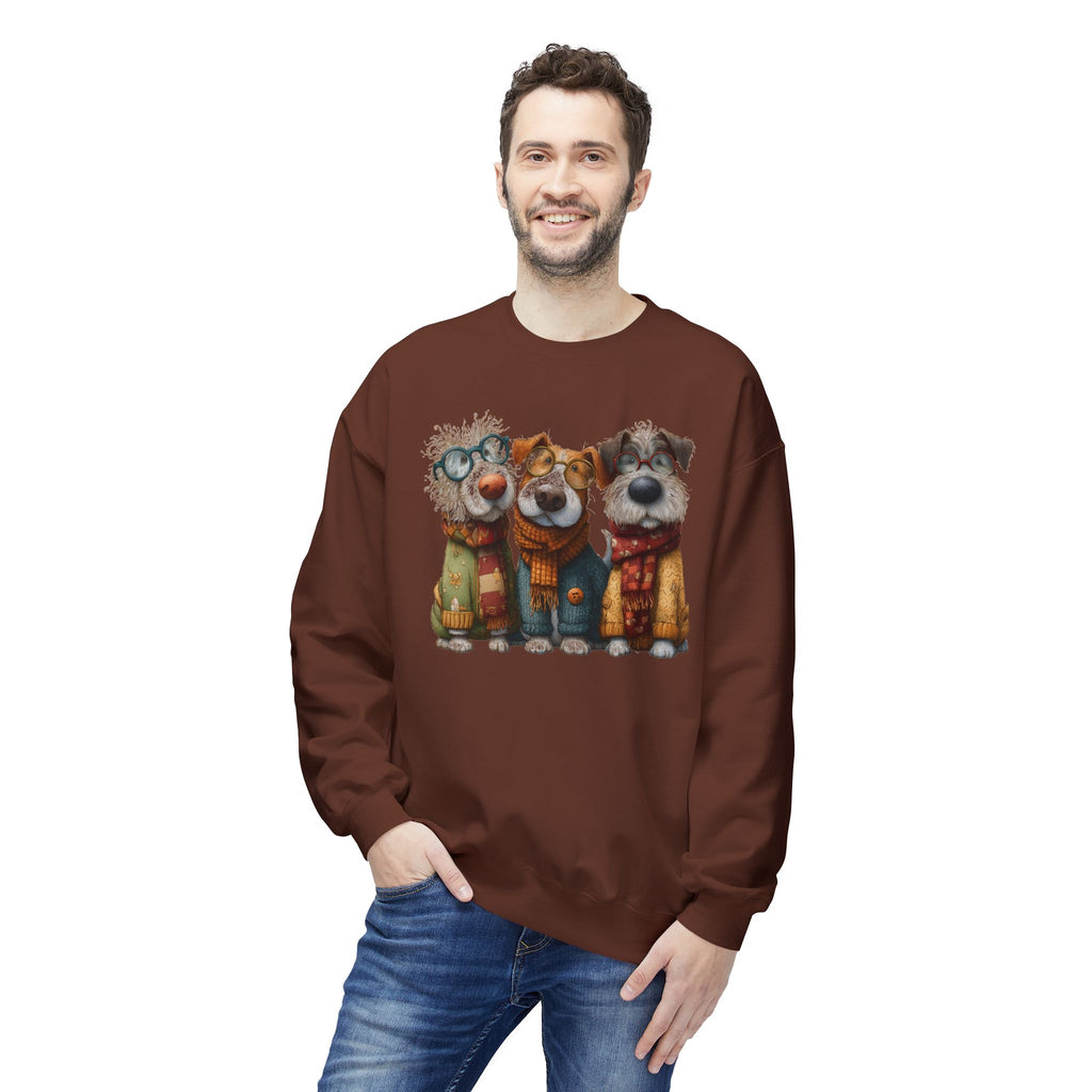 Three Cartoon Dogs in Scarves Sweatshirt | Cute Winter Pup Trio