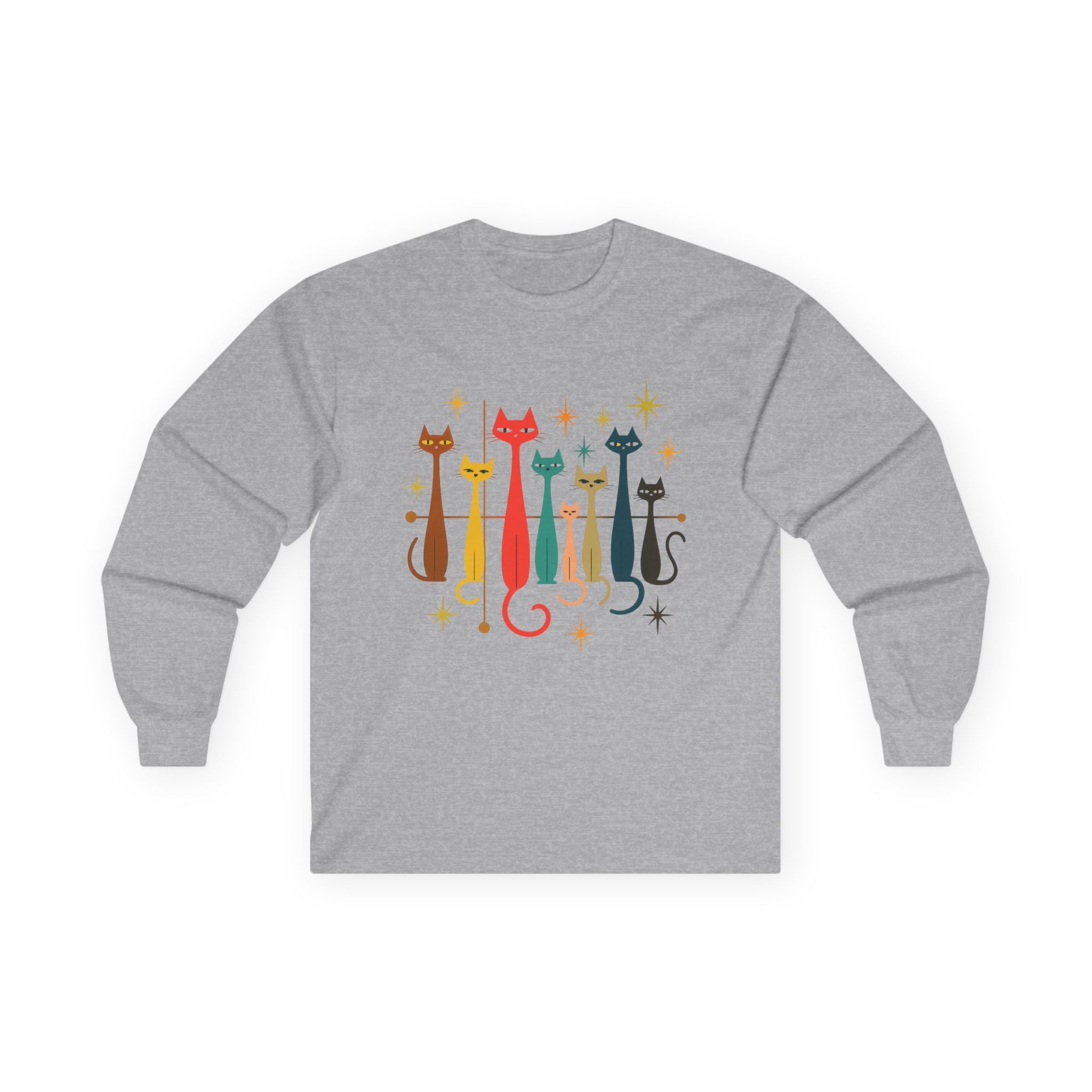Retro Colorful Cats 1950s 1960s Long Sleeve Tee | Mid-Century Modern Kitty Illustration