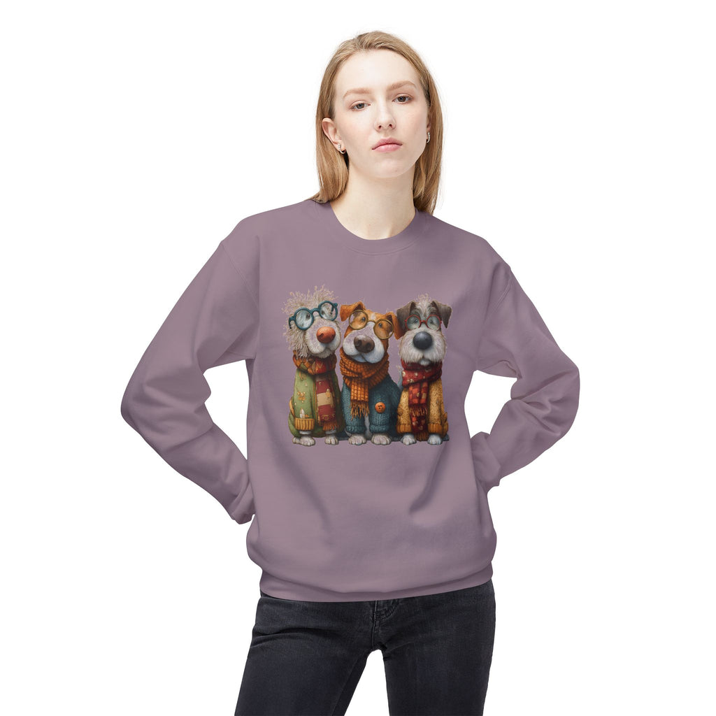 Three Cartoon Dogs in Scarves Sweatshirt | Cute Winter Pup Trio