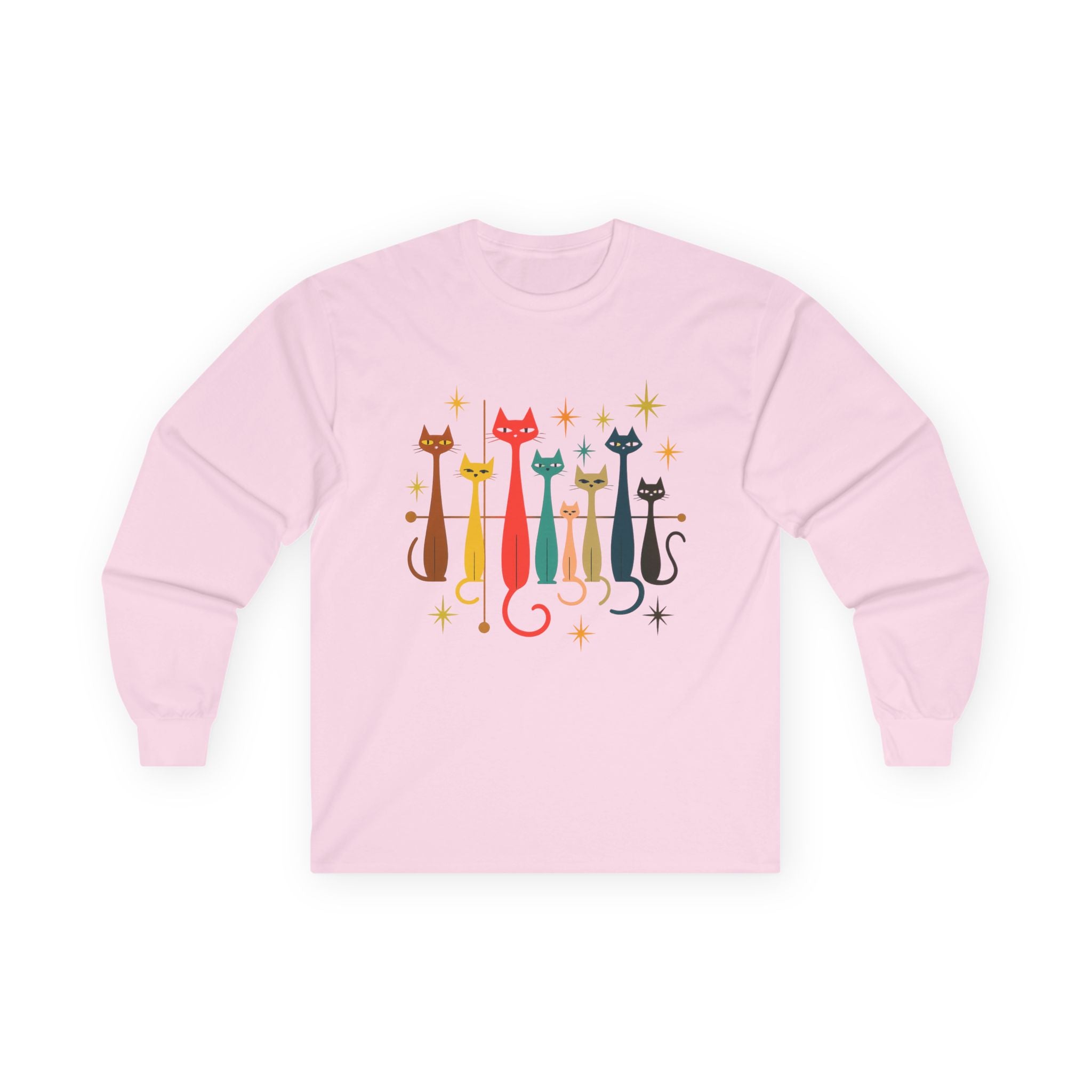 Retro Colorful Cats 1950s 1960s Long Sleeve Tee | Mid-Century Modern Kitty Illustration