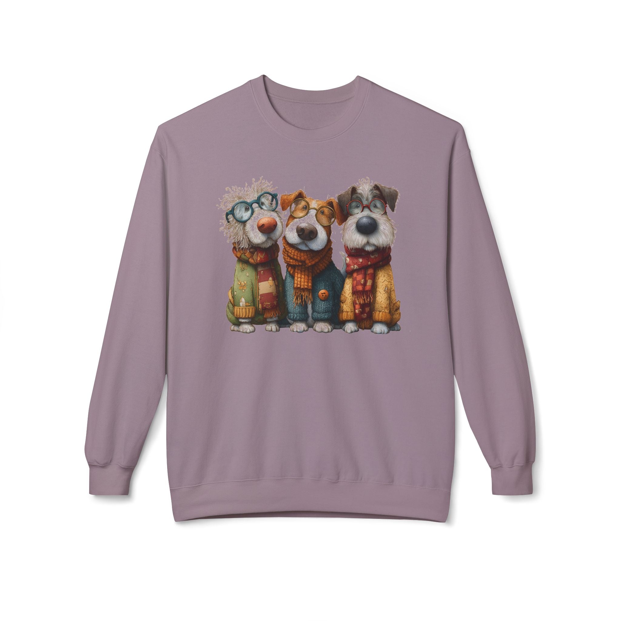 Three Cartoon Dogs in Scarves Sweatshirt | Cute Winter Pup Trio
