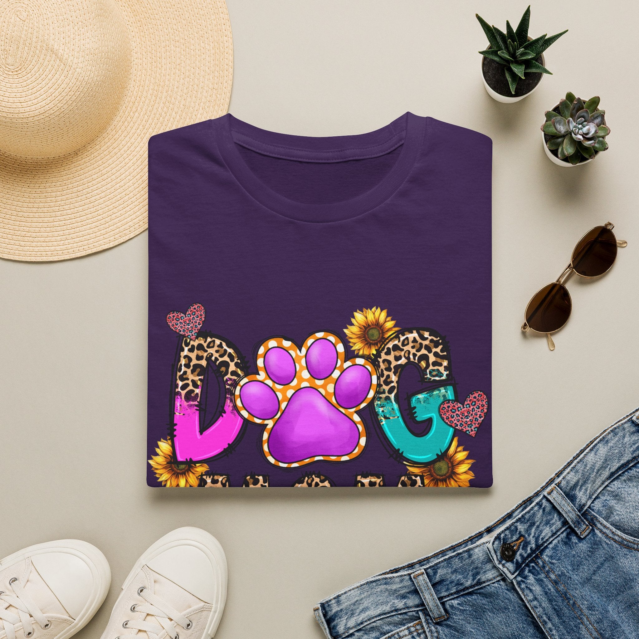 Dog Mom colorful paw print design T-Shirt | leopard hearts sunflower accents