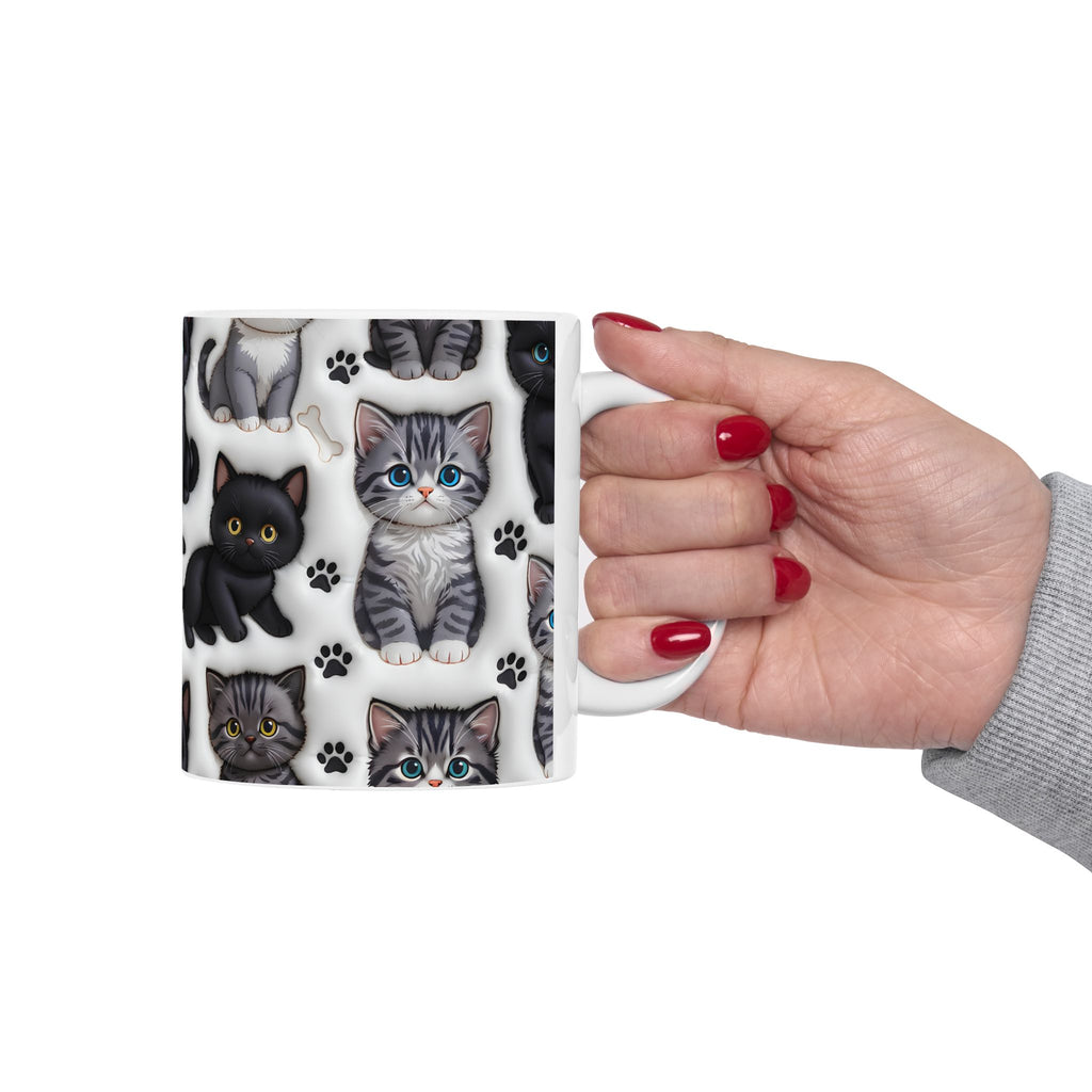 Cute Black and Tabby Kittens Mug | Ceramic Cat Pattern Mug