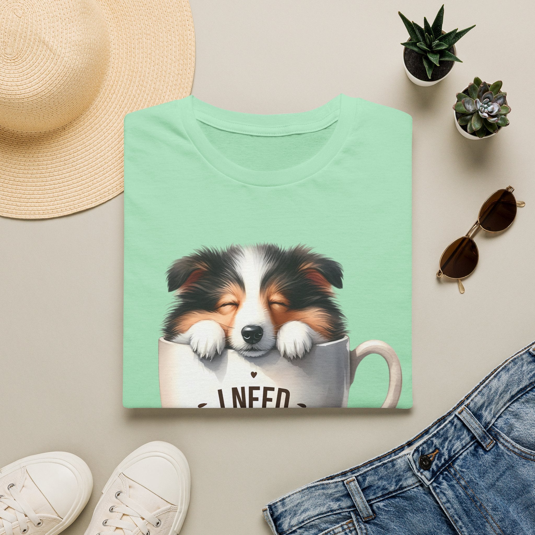 I Need Coffee Dog T-Shirt | Coffee Cup, Shetland Sheepdog Illustration