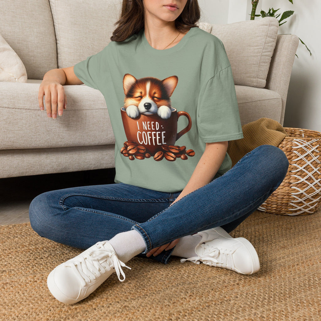 Sleeping Puppy in Coffee Cup T-Shirt | I Need Coffee, Cute Corgi Mug