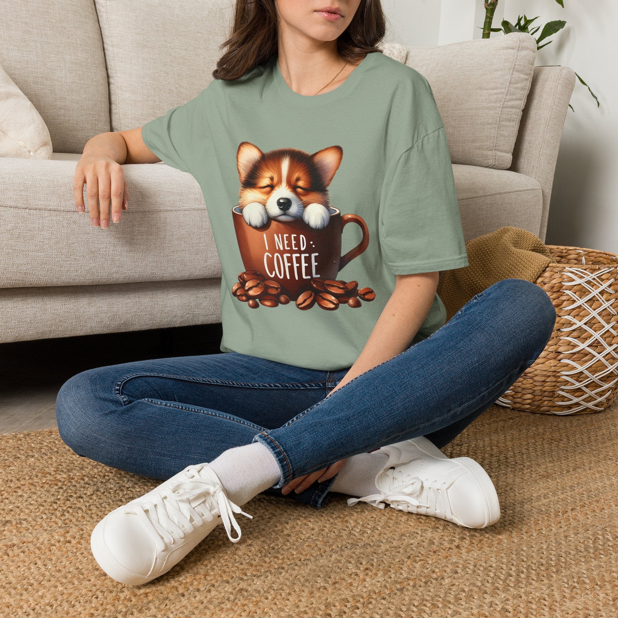 Sleeping Puppy in Coffee Cup T-Shirt | I Need Coffee, Cute Corgi Mug