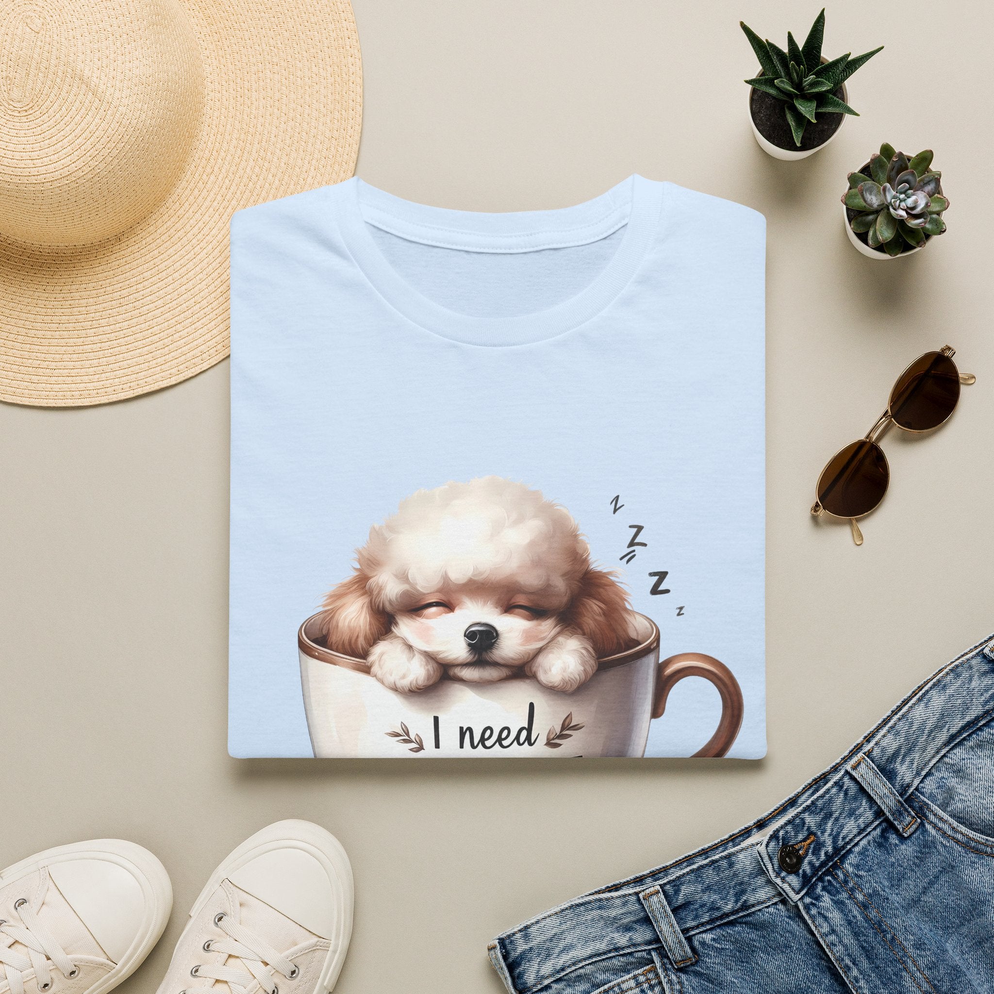 Sleeping Puppy in Coffee Cup T-Shirt | I Need Coffee Dog Design