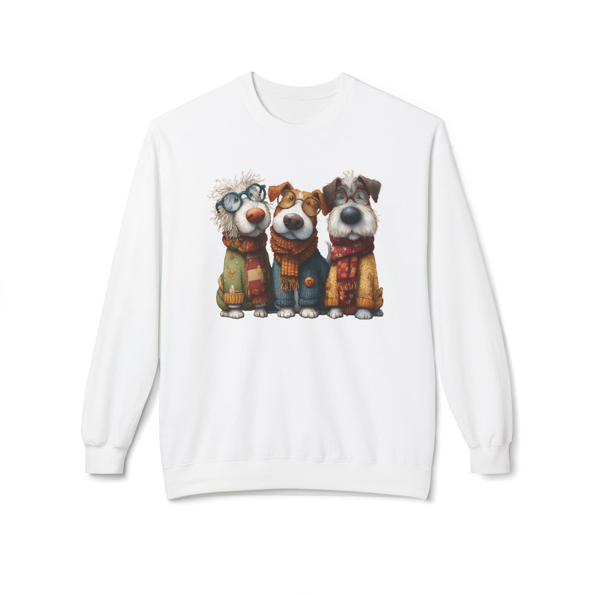 Three Cartoon Dogs in Scarves Sweatshirt | Cute Winter Pup Trio