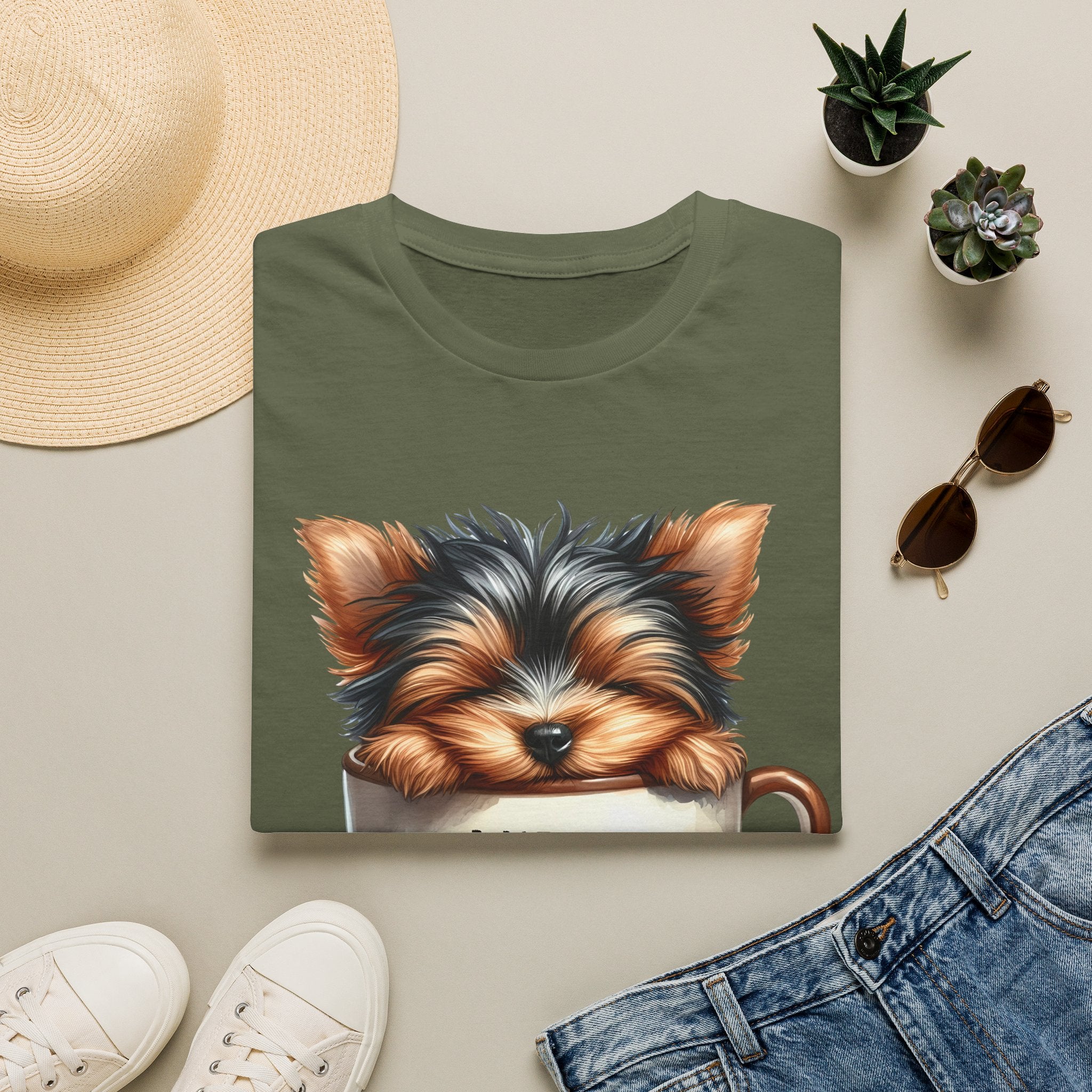 Cute Yorkie in Coffee Cup T-Shirt | I Need Coffee Puppy Graphic Tee