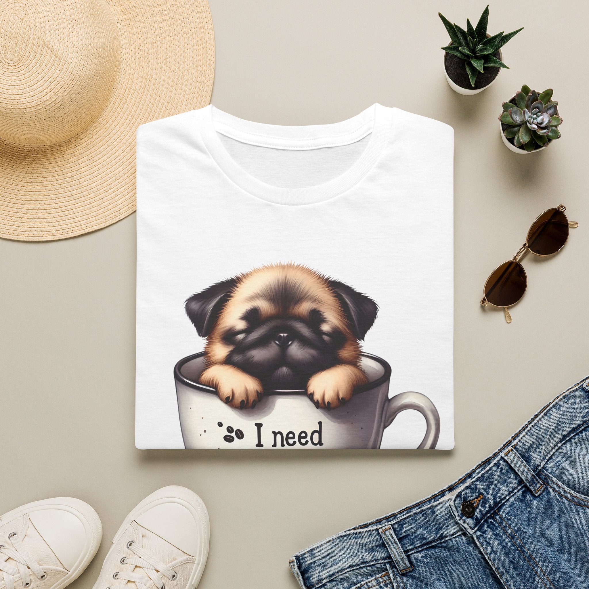 Puppy in Coffee Cup I Need Coffee T-Shirt | Cute Pug Coffee Tee