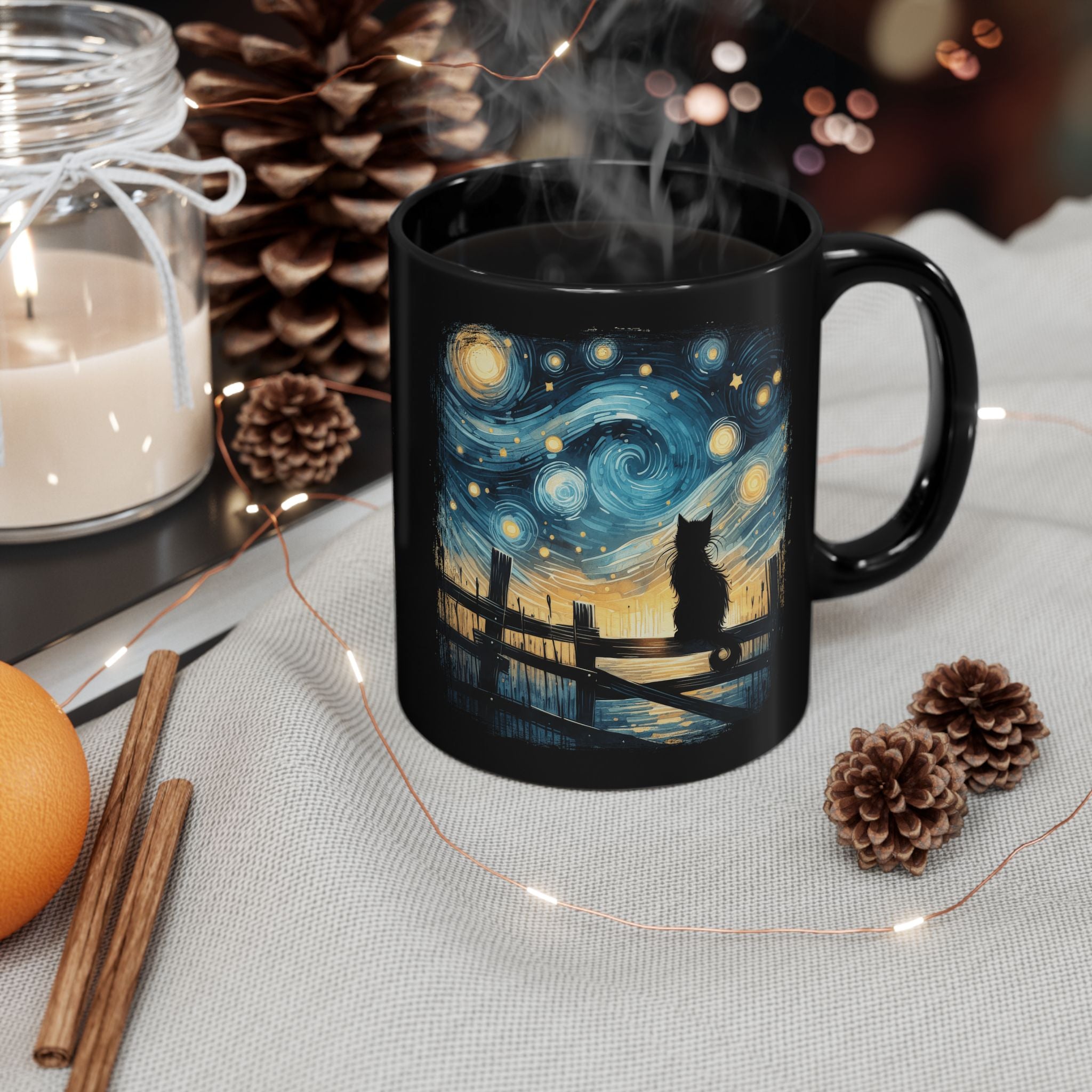Starry Night Cat mug | Black Ceramic Coffee Cup