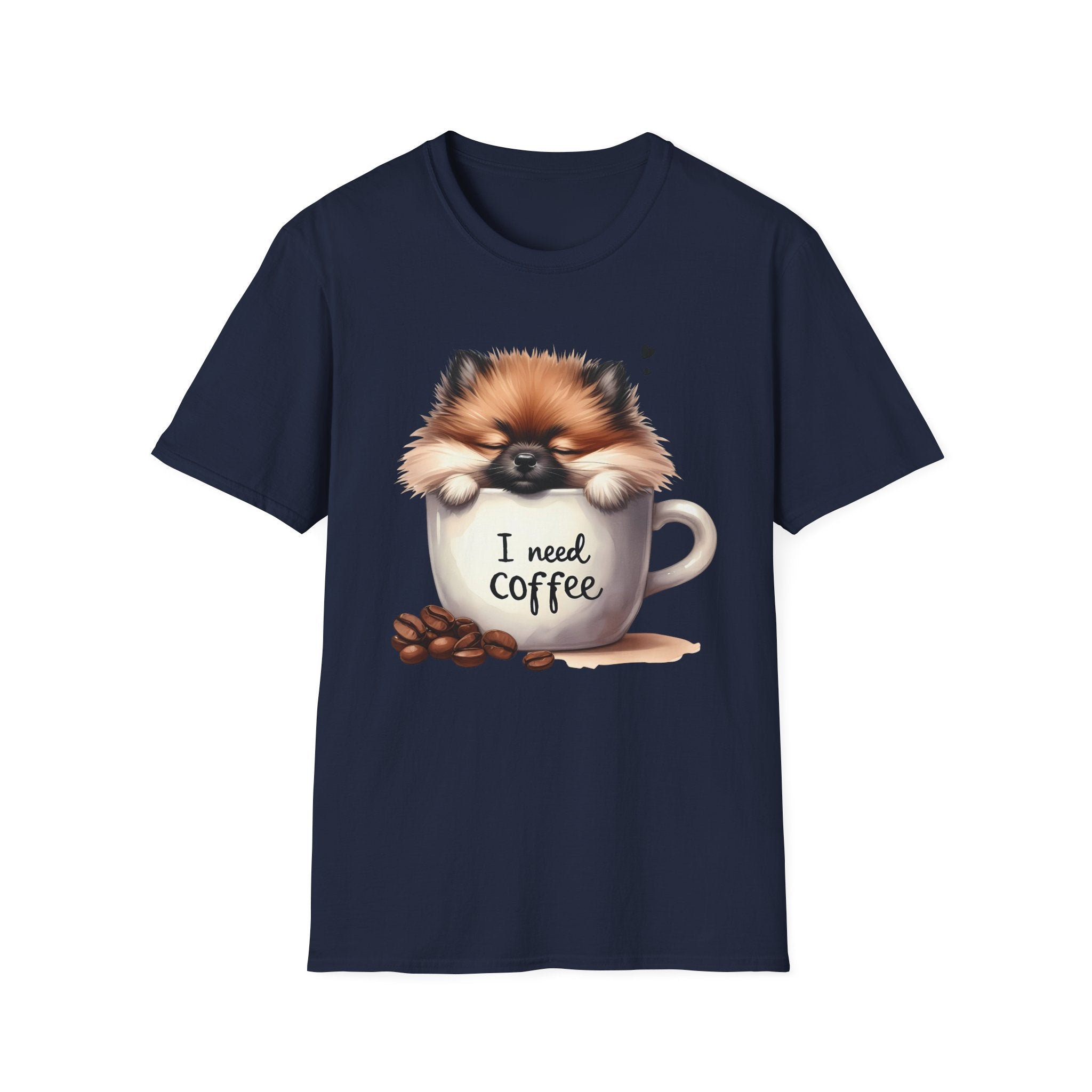 Cute Pomeranian in Coffee Mug T-Shirt | I Need Coffee, Dog Coffee Tee