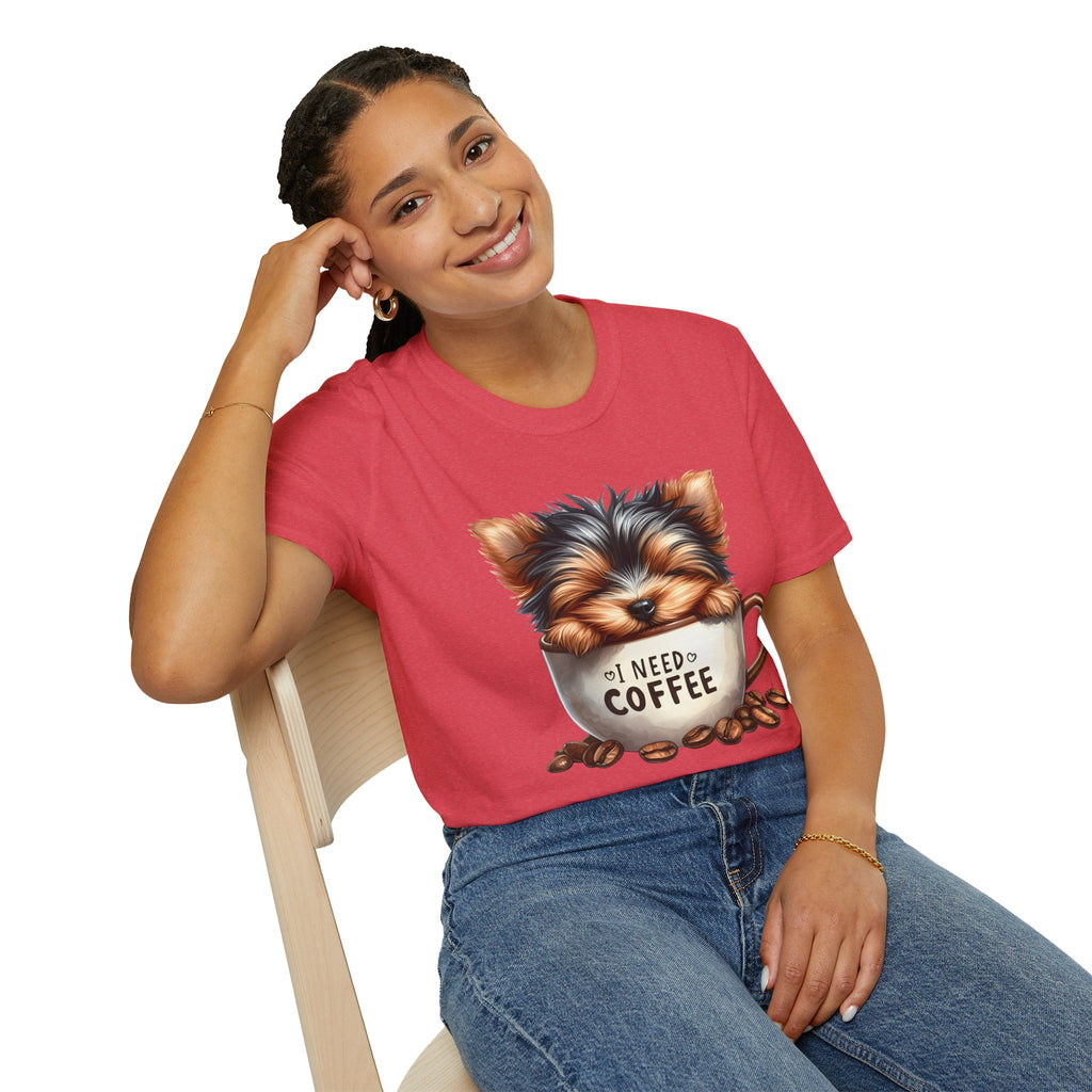 Cute Yorkie in Coffee Cup T-Shirt | I Need Coffee Puppy Graphic Tee