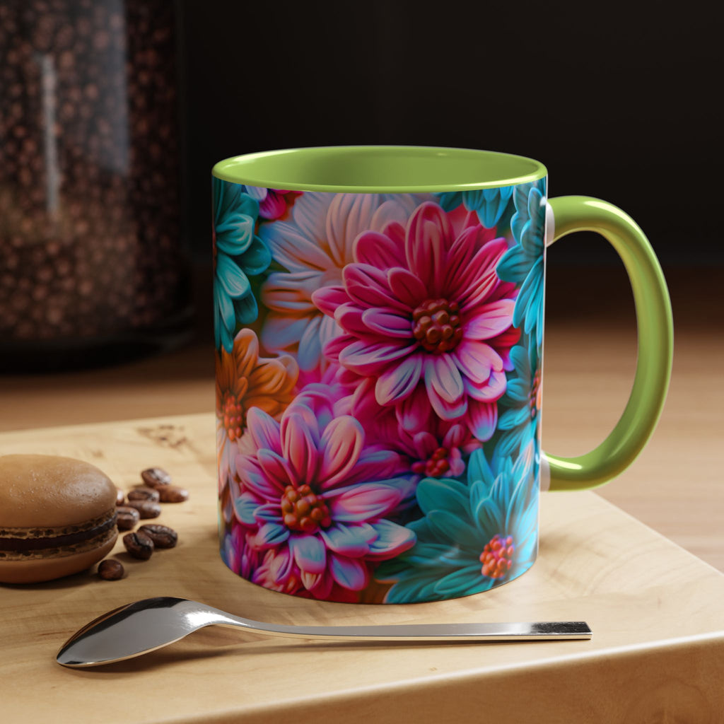 Vibrant Dahlia Floral Accent Mug | 11oz 15oz Ceramic Coffee Mug