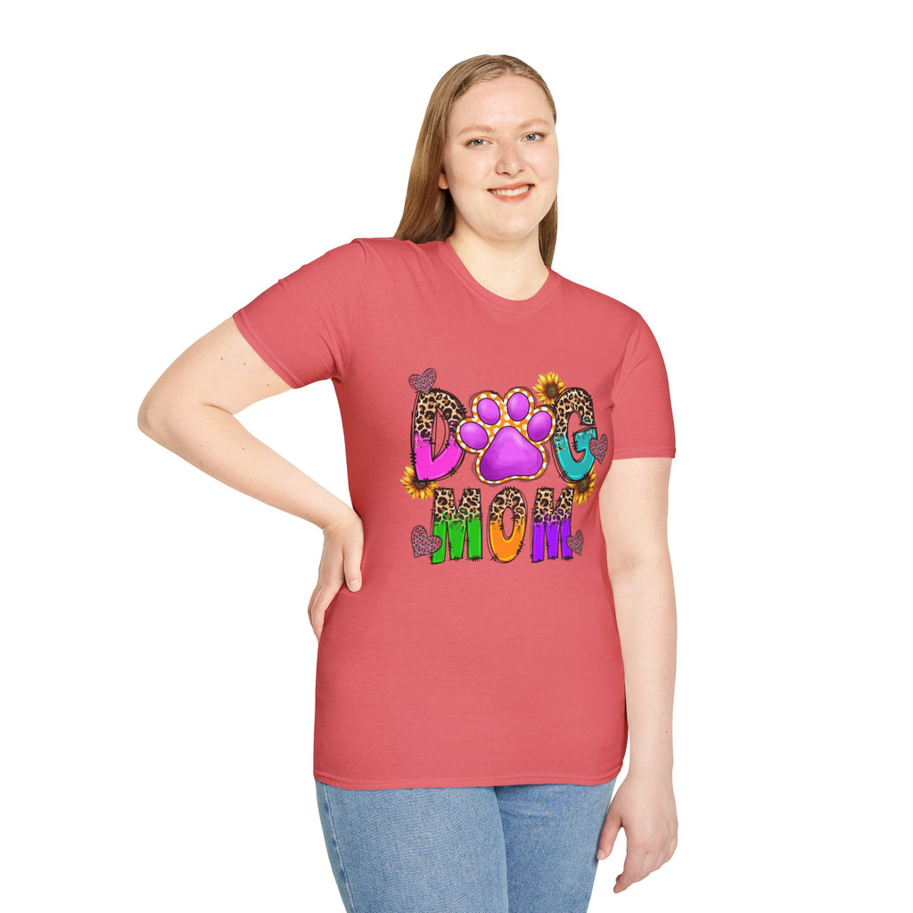 Dog Mom colorful paw print design T-Shirt | leopard hearts sunflower accents