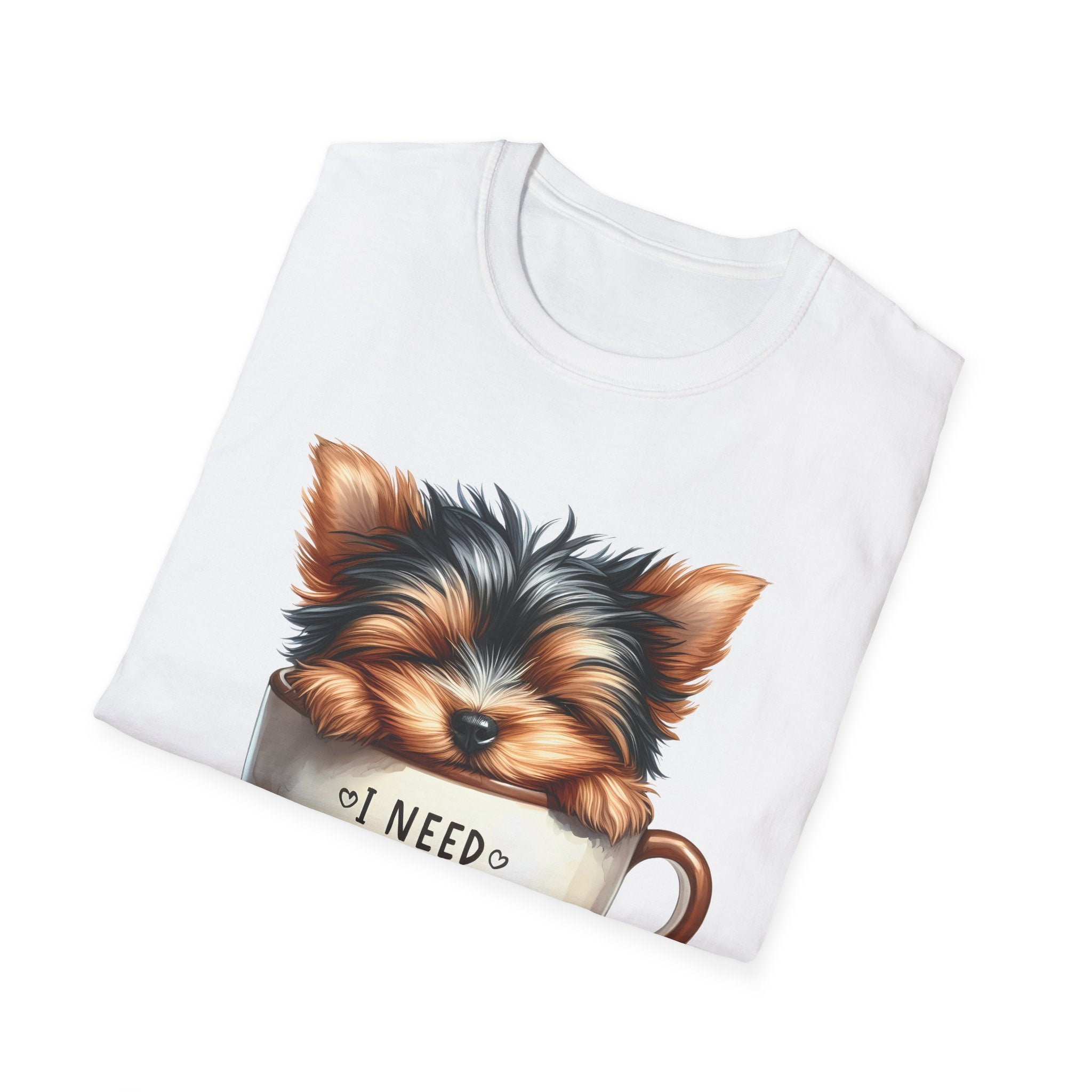 Cute Yorkie in Coffee Cup T-Shirt | I Need Coffee Puppy Graphic Tee