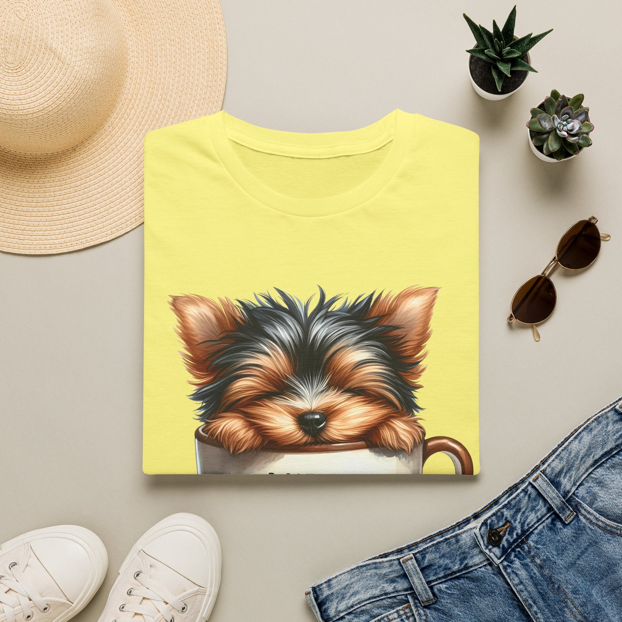 Cute Yorkie in Coffee Cup T-Shirt | I Need Coffee Puppy Graphic Tee