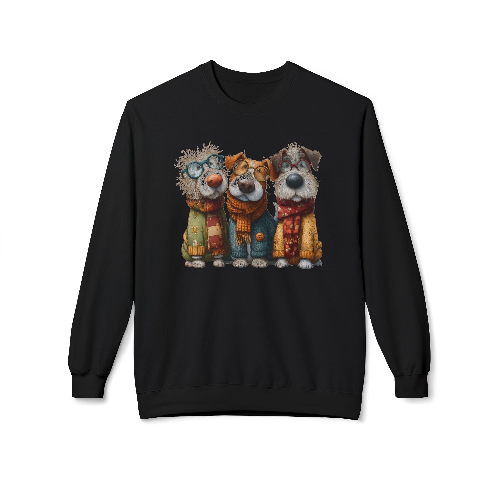 Three Cartoon Dogs in Scarves Sweatshirt | Cute Winter Pup Trio