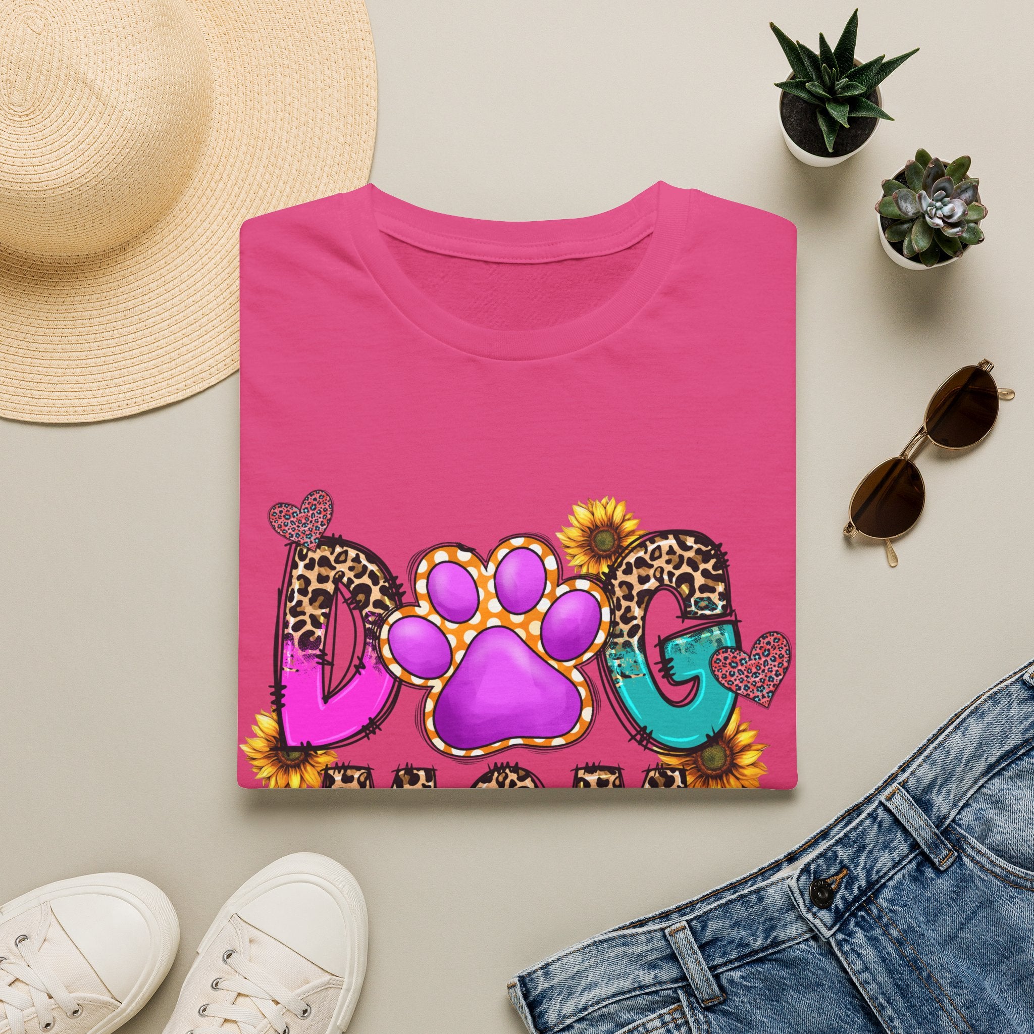 Dog Mom colorful paw print design T-Shirt | leopard hearts sunflower accents